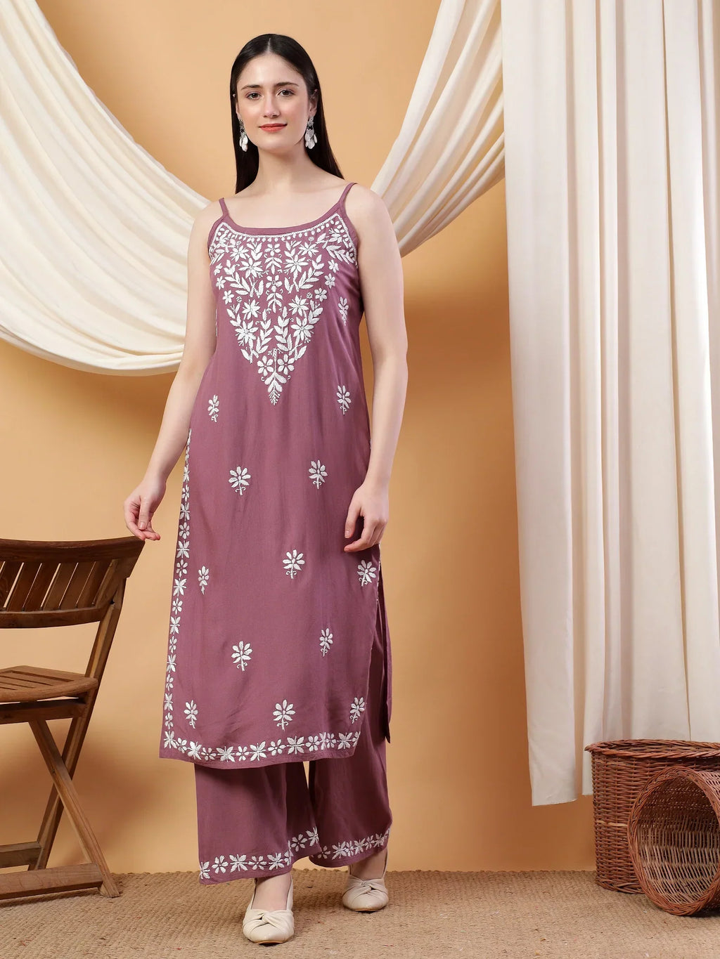 Raha Chikankari Strappy Rayon Co-ord Set (Mauve)