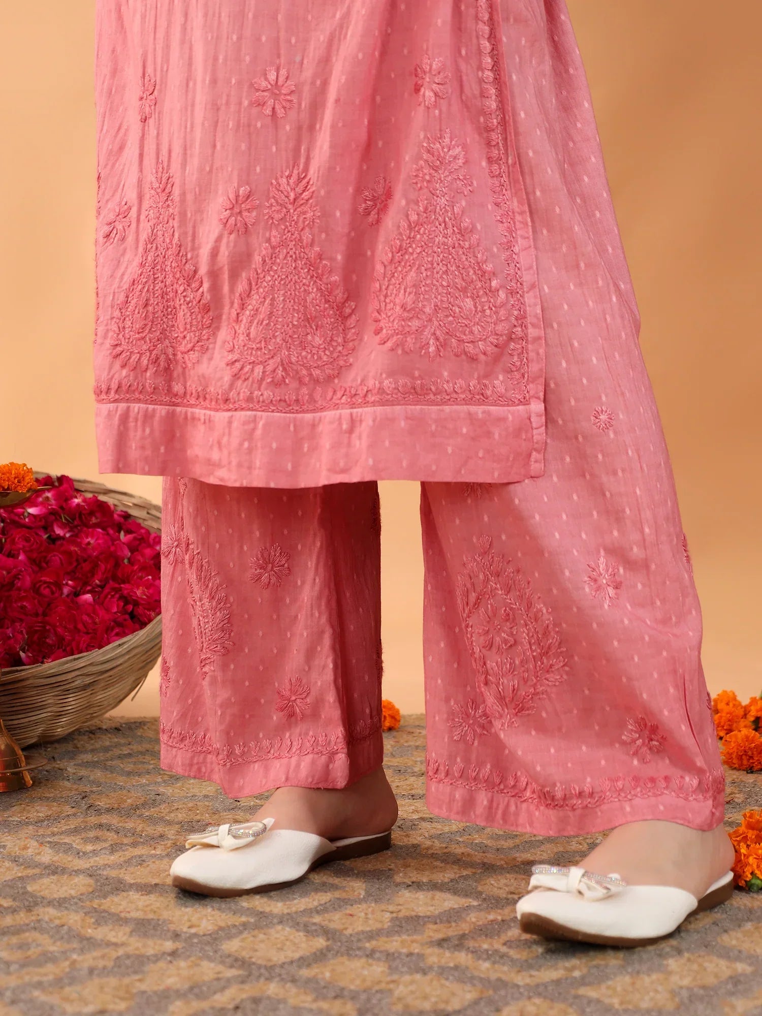 Priya Chikankari Kurta Palazzo Cotton Co-ord Set (Nude Coral)