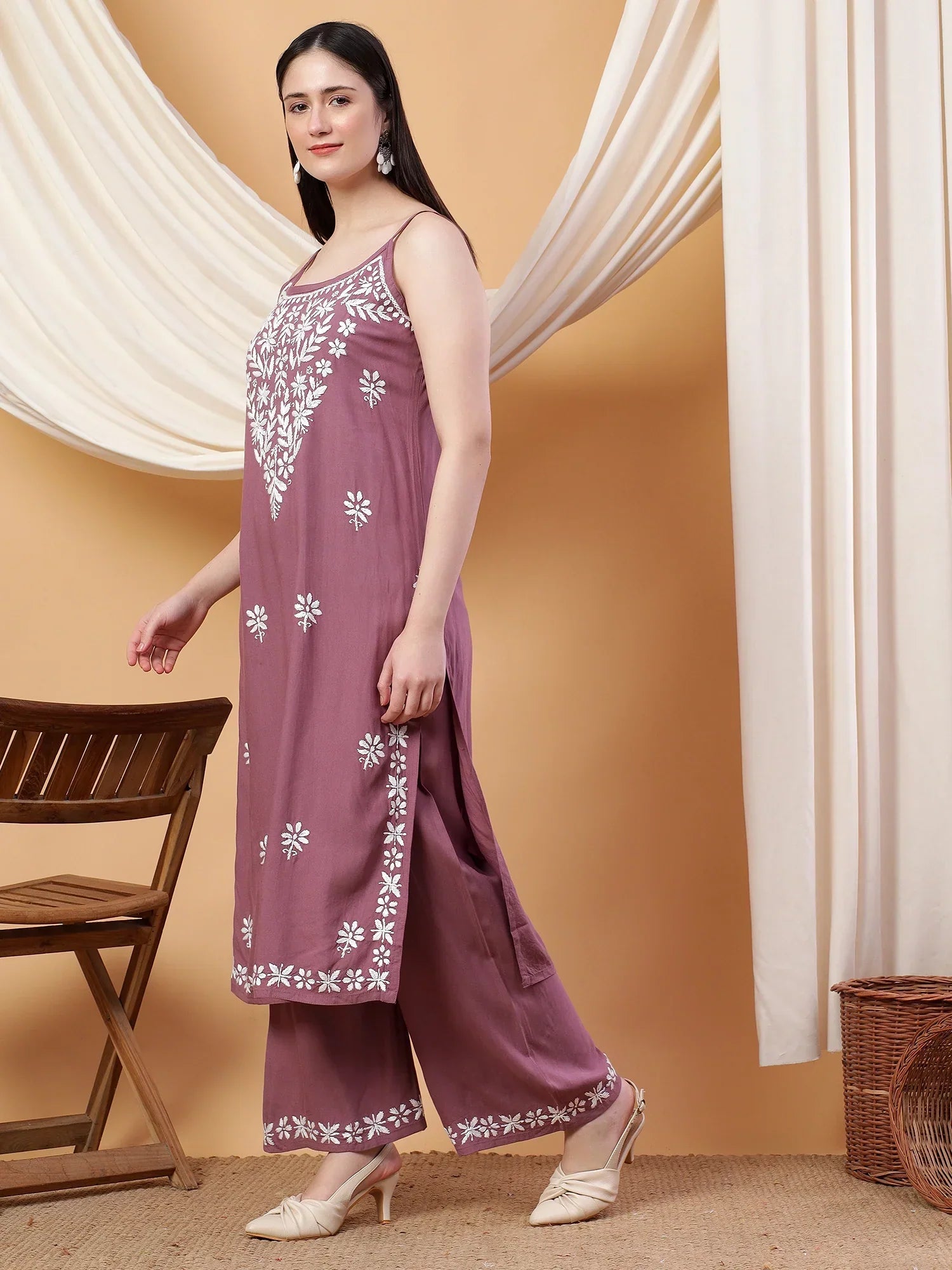 Raha Chikankari Strappy Rayon Co-ord Set (Mauve)