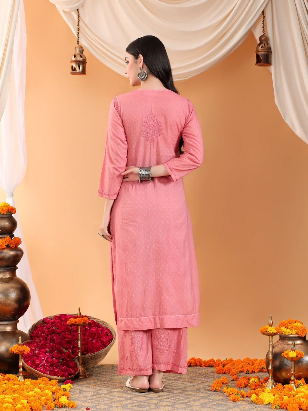 Priya Chikankari Kurta Palazzo Cotton Co-ord Set (Nude Coral)