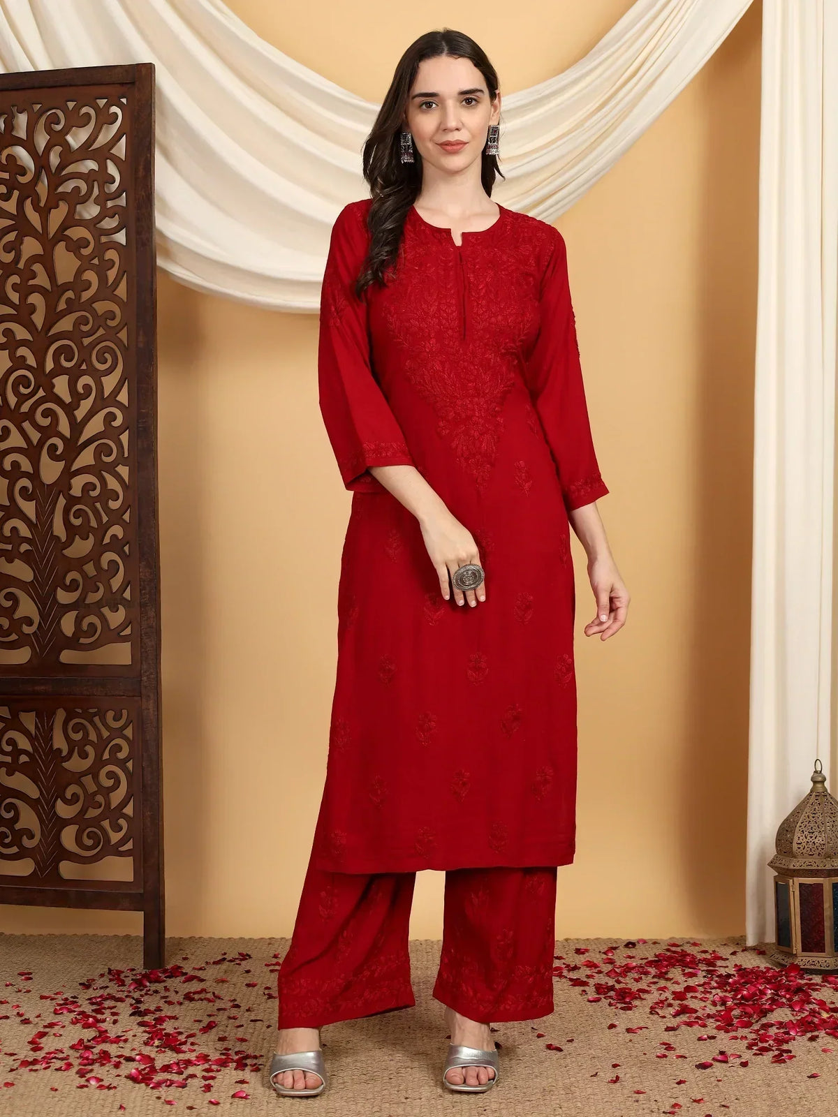 Faiza Chikankari Rayon Co-ord Set (Maroon)