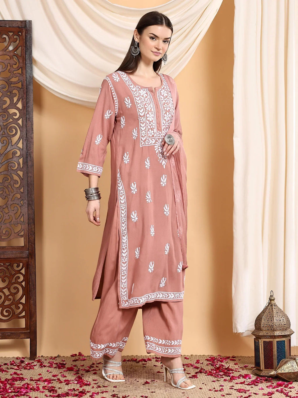 Haya Chikankari Rayon Co-ord Set (Nude Coral)