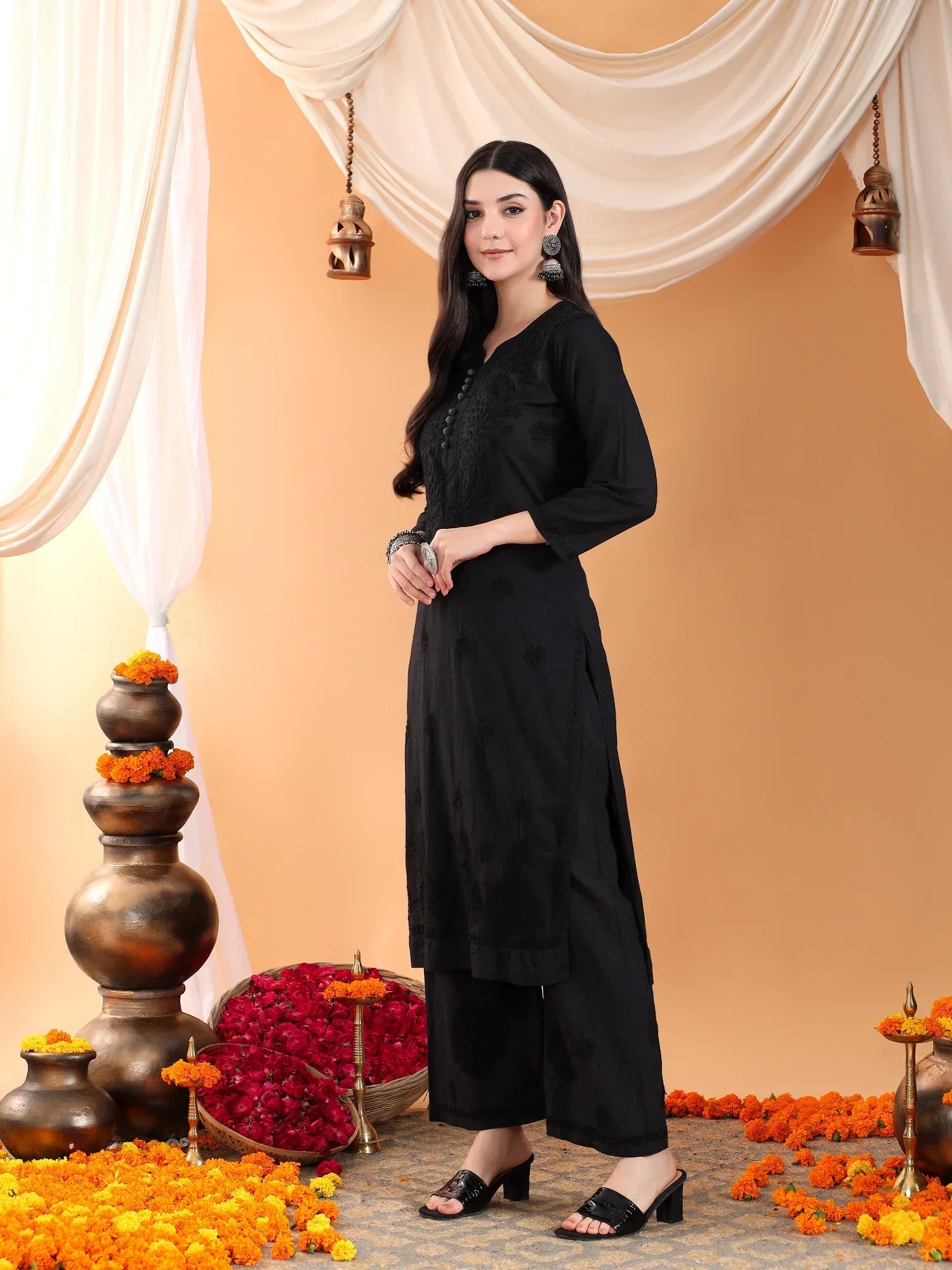 Priya Chikankari Kurta Palazzo Cotton Co-ord Set (Black)