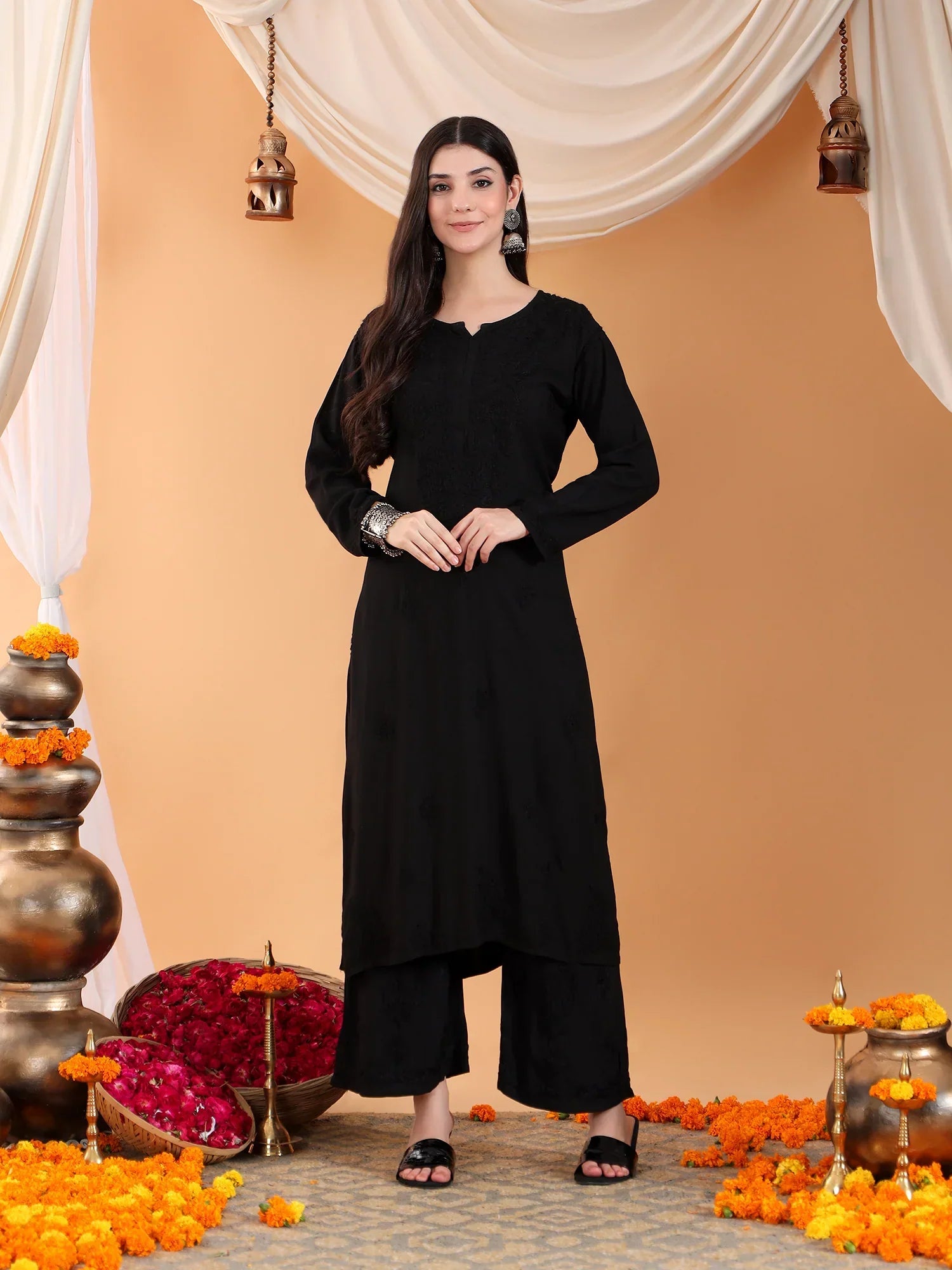 Maryam Chikankari Rayon Co-ord Set (Black)