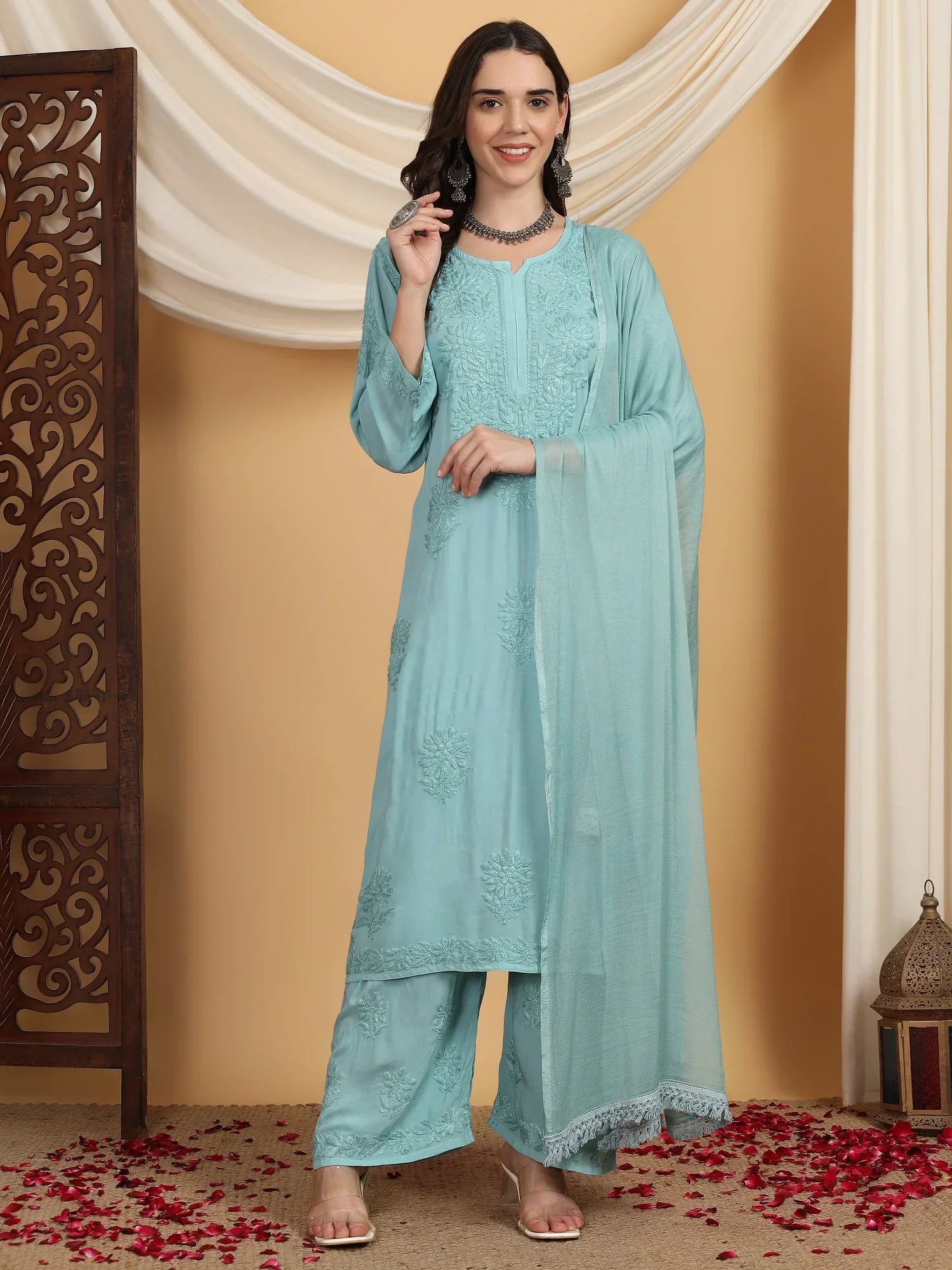Farha Chikankari Premium Modal Co-ord Set (Pastel Green)