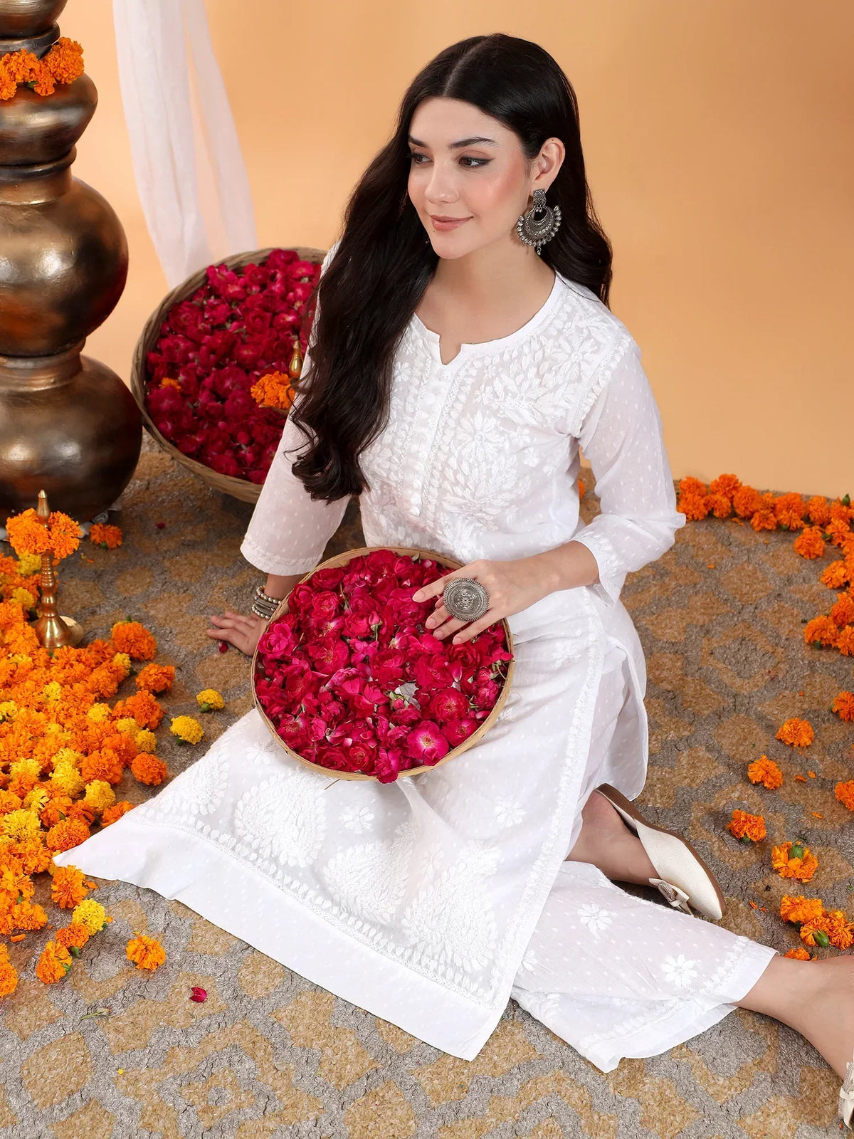 Priya Chikankari Kurta Palazzo Cotton Co-ord Set (White)
