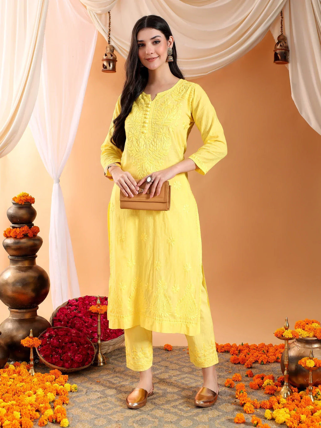 Ananya Chikankari Kurta Pant Cotton Co-ord Set (Yellow)