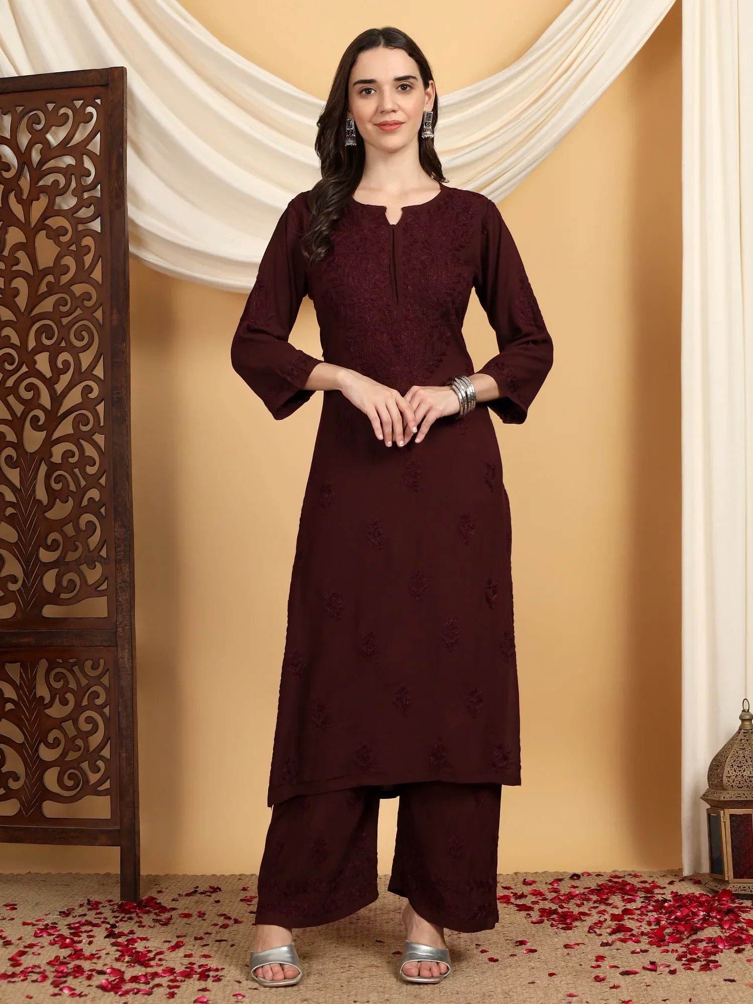 Faiza Chikankari Rayon Co-ord Set (Brown)