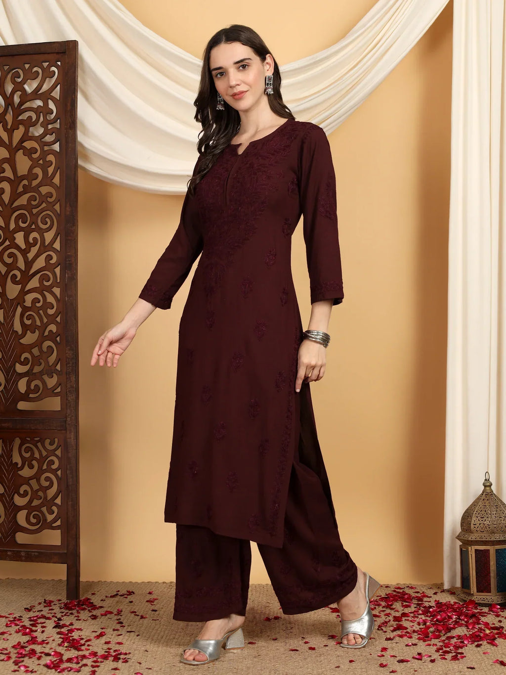 Faiza Chikankari Rayon Co-ord Set (Brown)