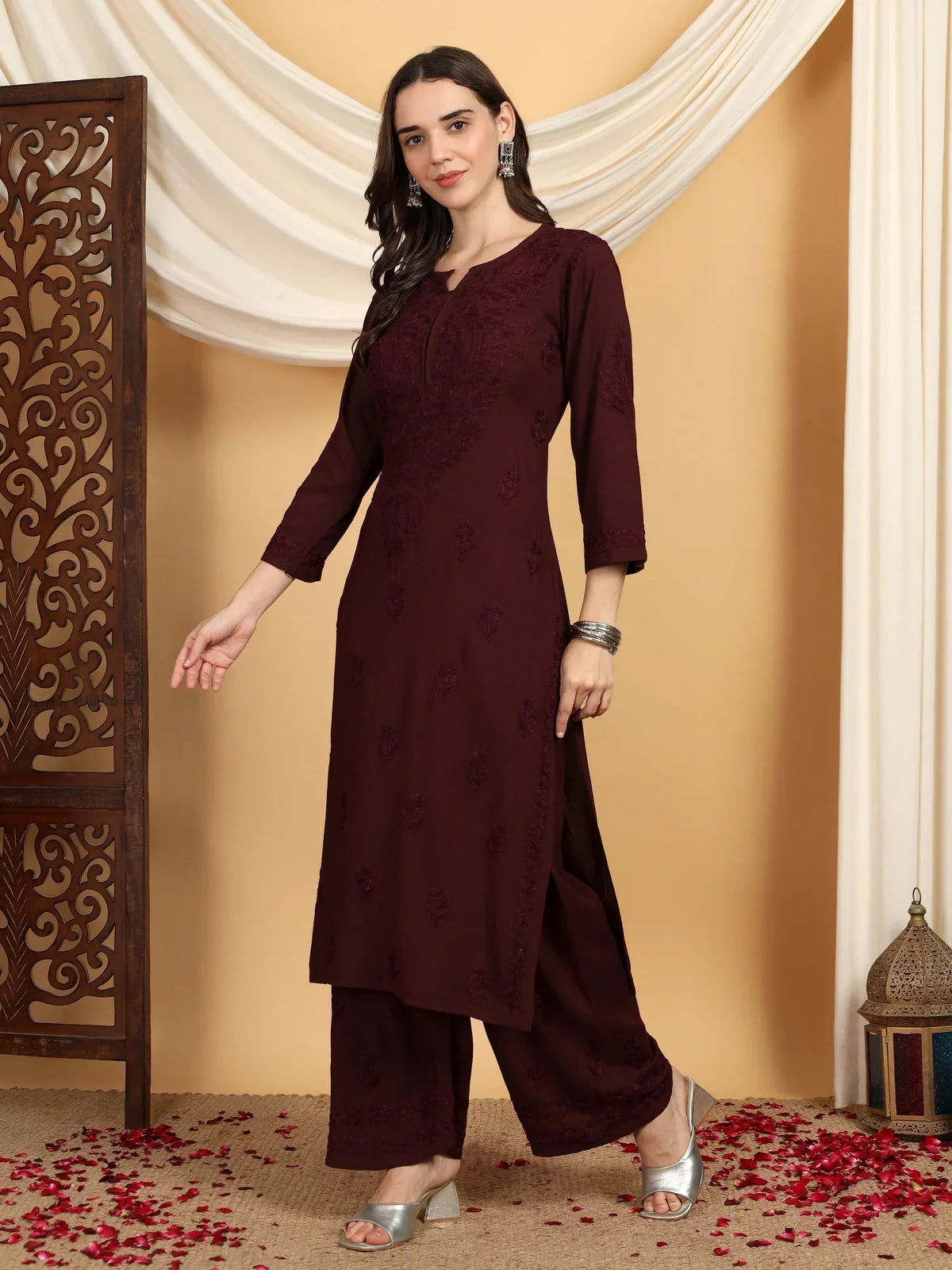 Faiza Chikankari Rayon Co-ord Set (Brown)
