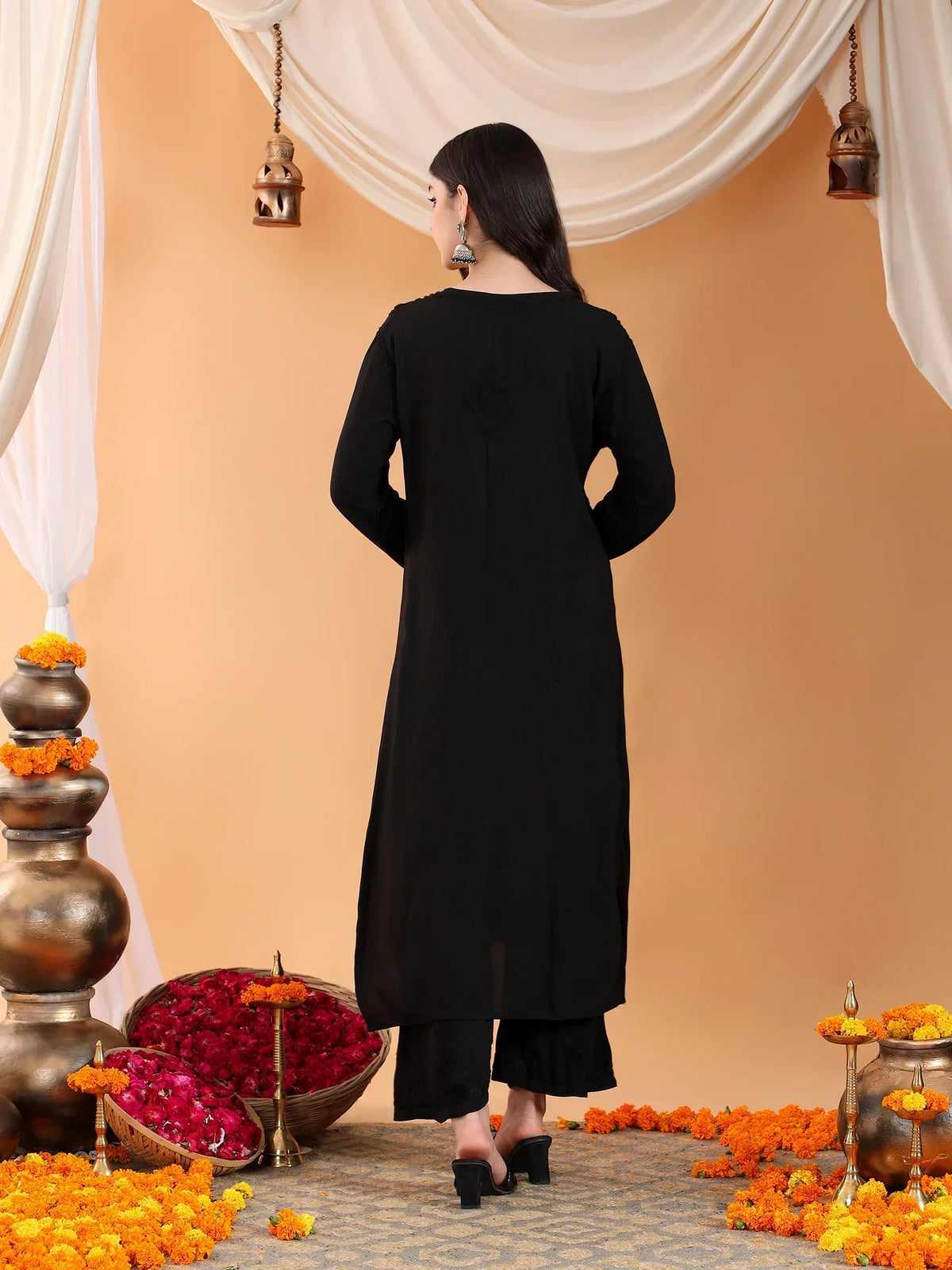 Maryam Chikankari Rayon Co-ord Set (Black)
