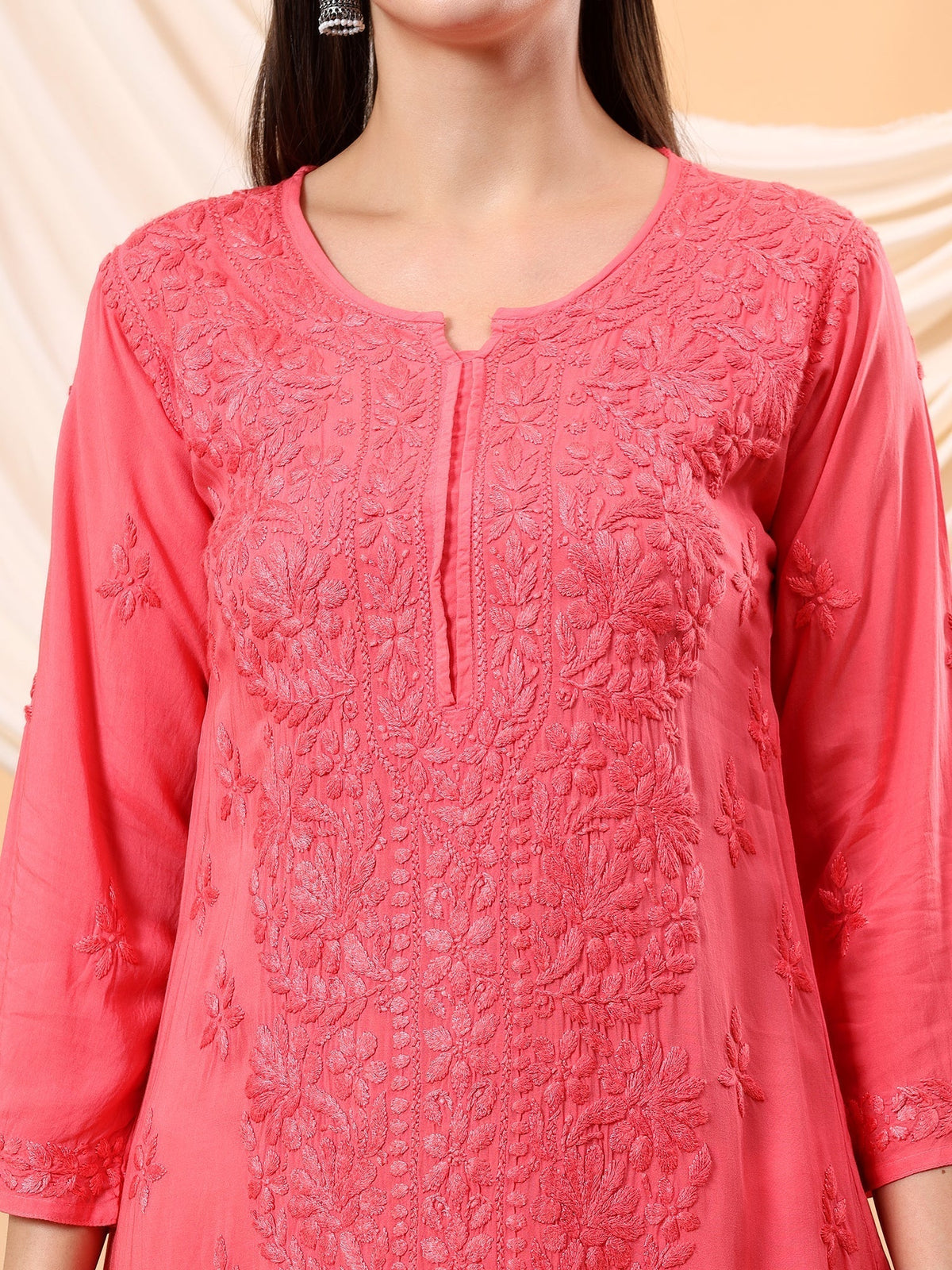 Alina Chikankari Modal Straight Kurta (Coral)