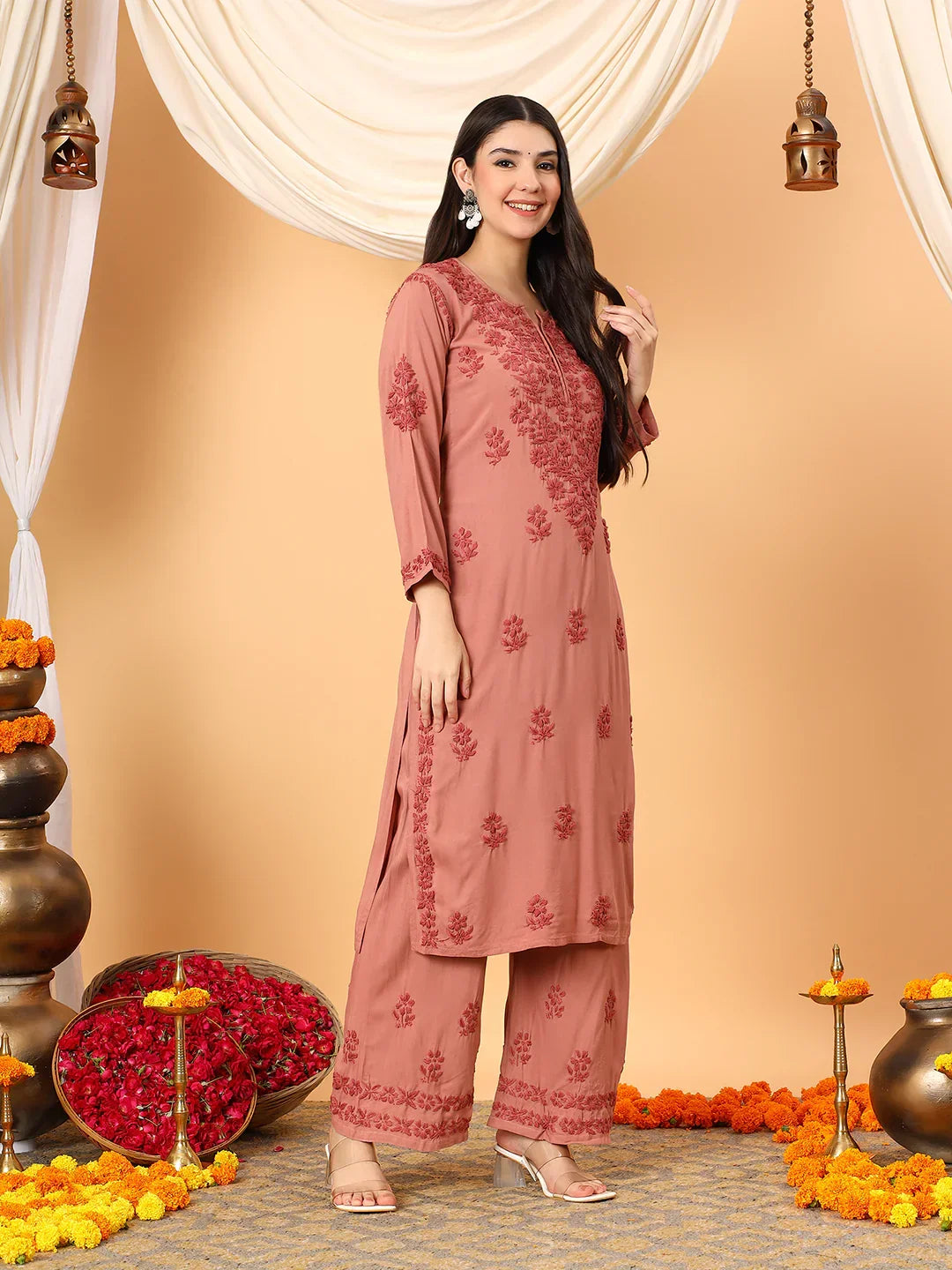 Faiza Chikankari Rayon Co-ord Set (Nude Coral)