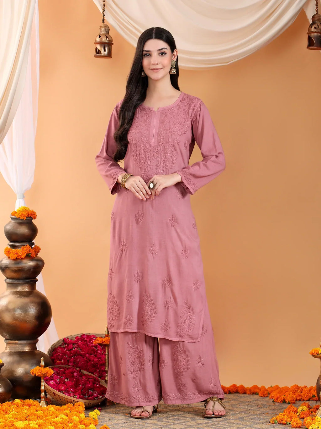 Maryam Chikankari Rayon Co-ord Set (Nude Coral)