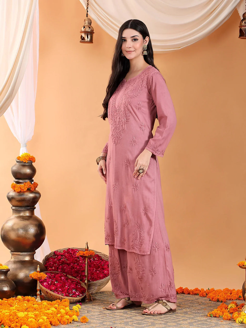 Maryam Chikankari Rayon Co-ord Set (Nude Coral)