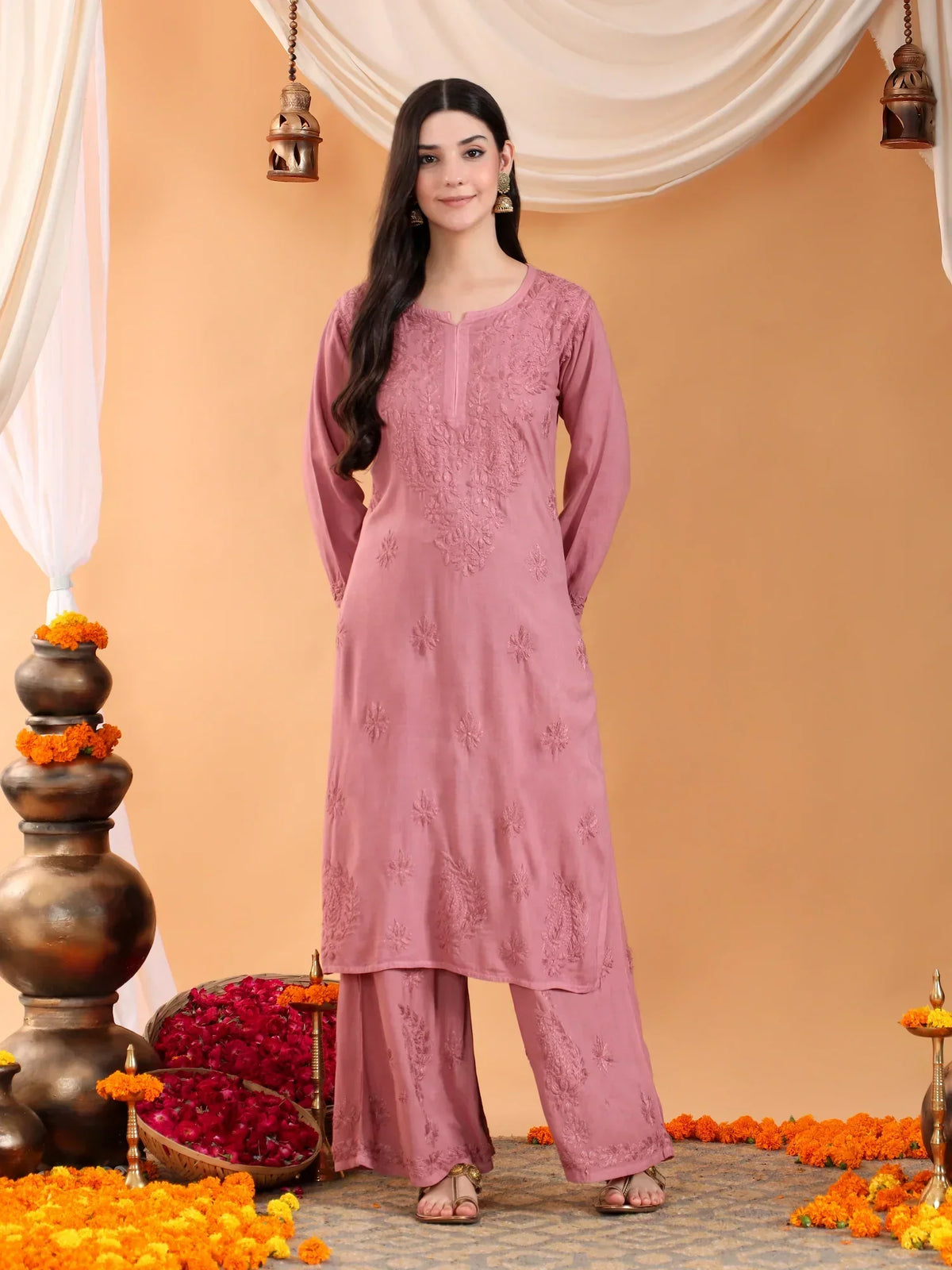 Maryam Chikankari Rayon Co-ord Set (Nude Coral)