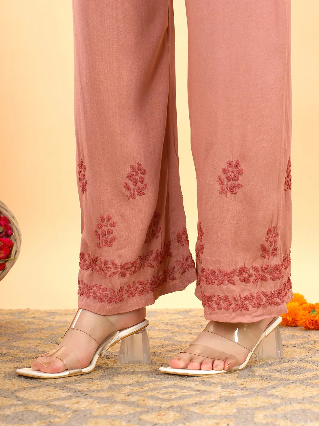 Faiza Chikankari Rayon Co-ord Set (Nude Coral)