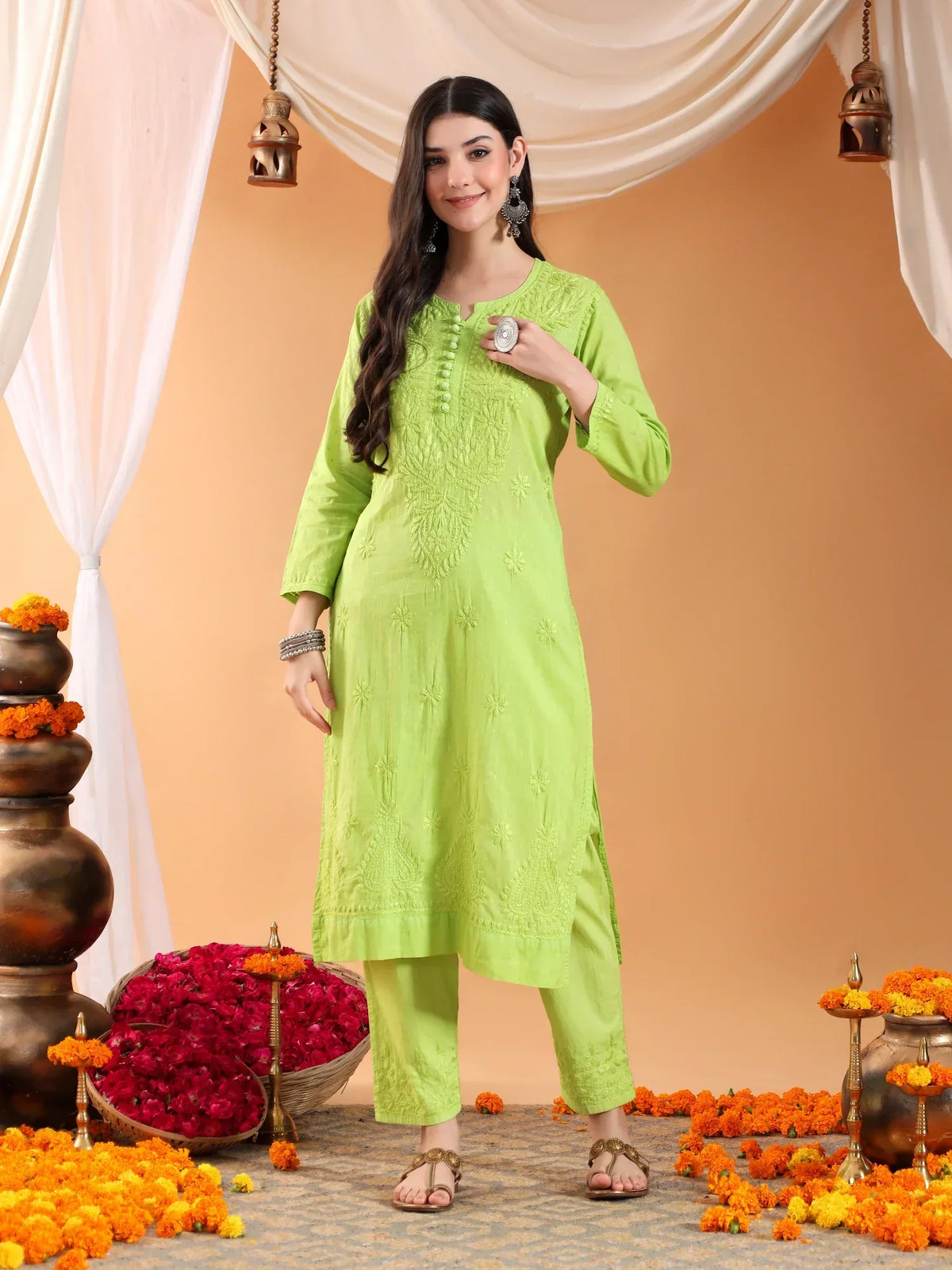 Ananya Chikankari Kurta Pant Cotton Co-ord Set (Parrot Green)