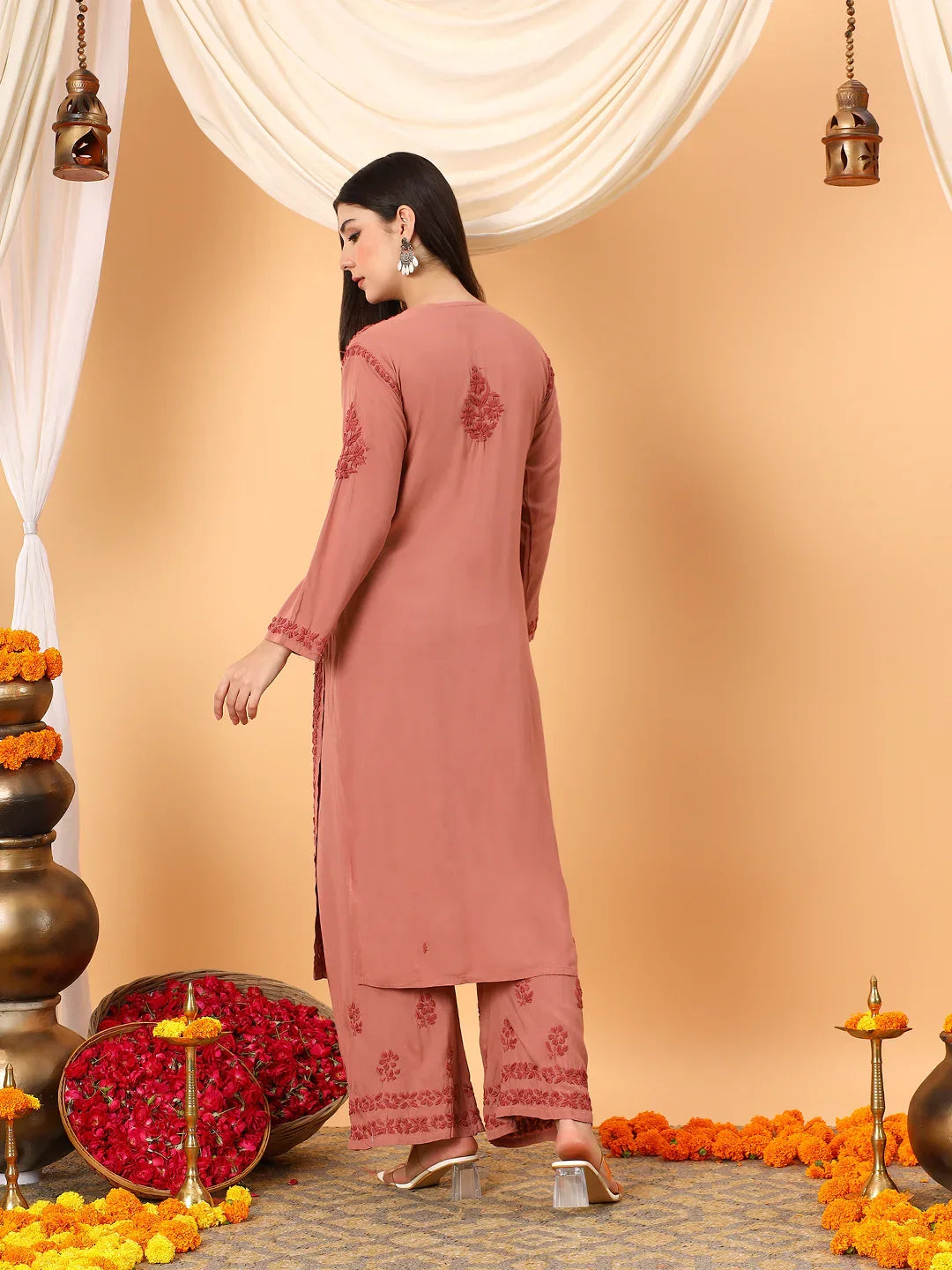 Faiza Chikankari Rayon Co-ord Set (Nude Coral)