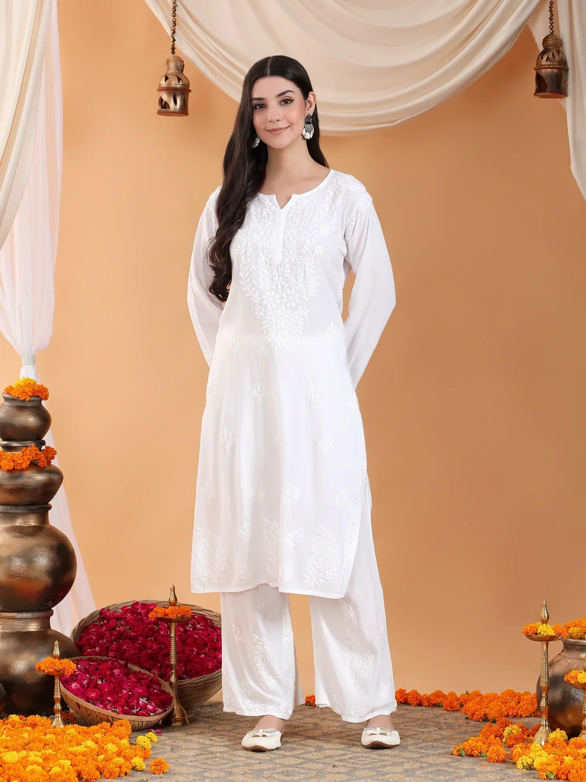 Maryam Chikankari Rayon Co-ord Set (White)