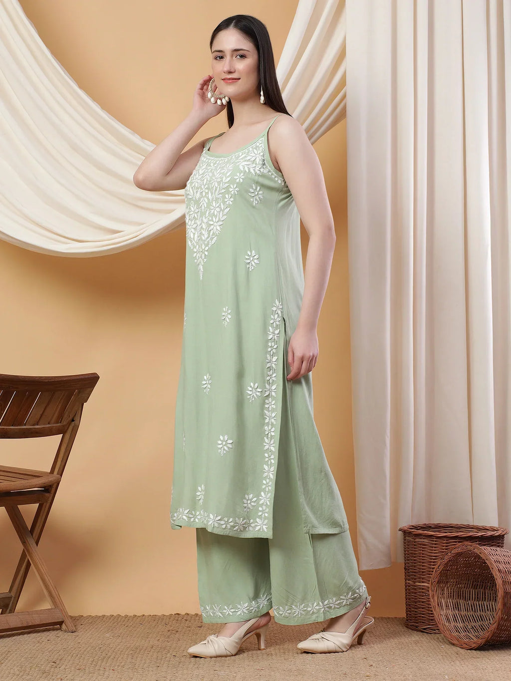 Raha Chikankari Strappy Rayon Co-ord Set (Pastel Green)