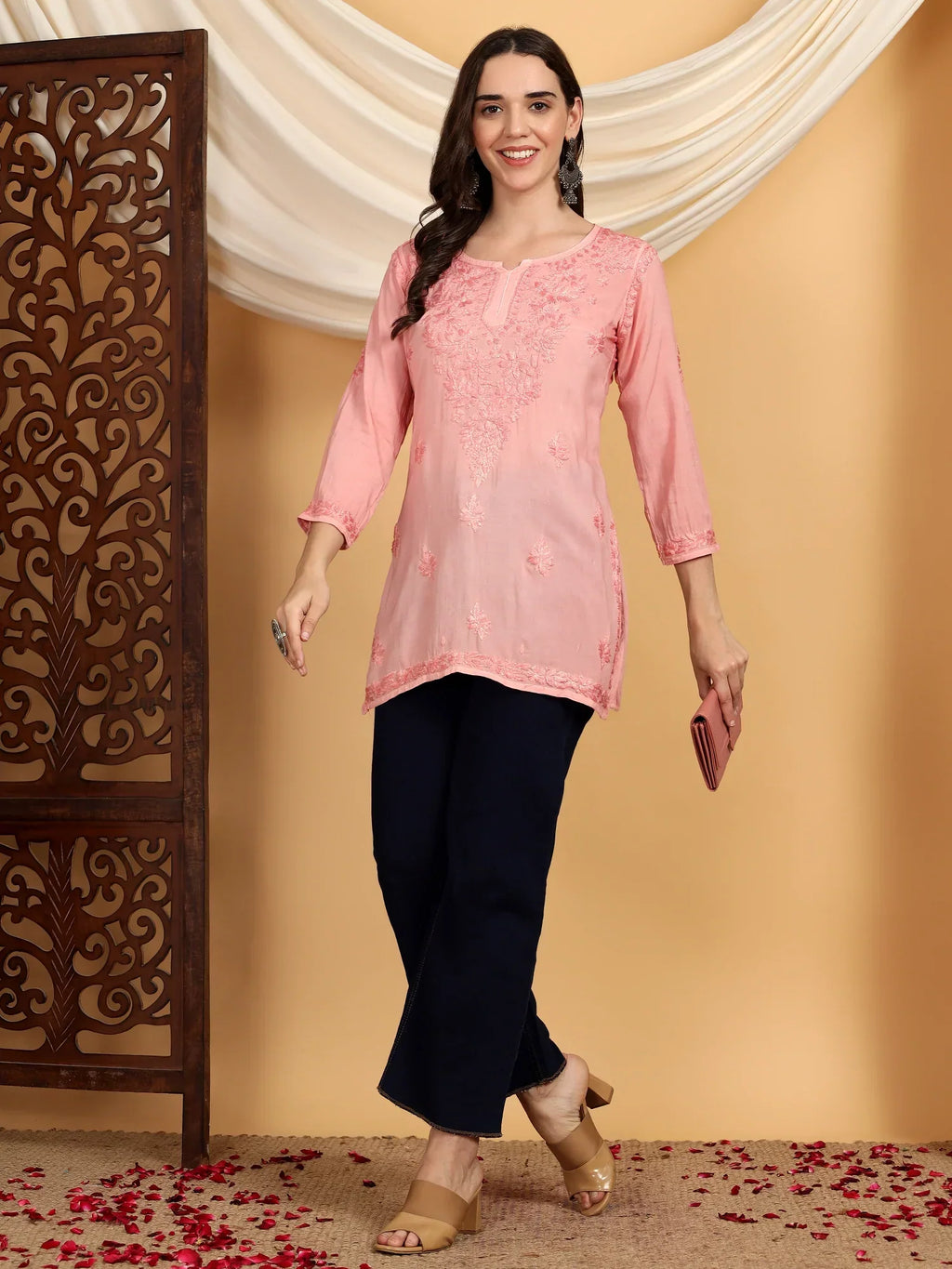 Misha Chikankari Modal Short Kurti (Pastel Peach)