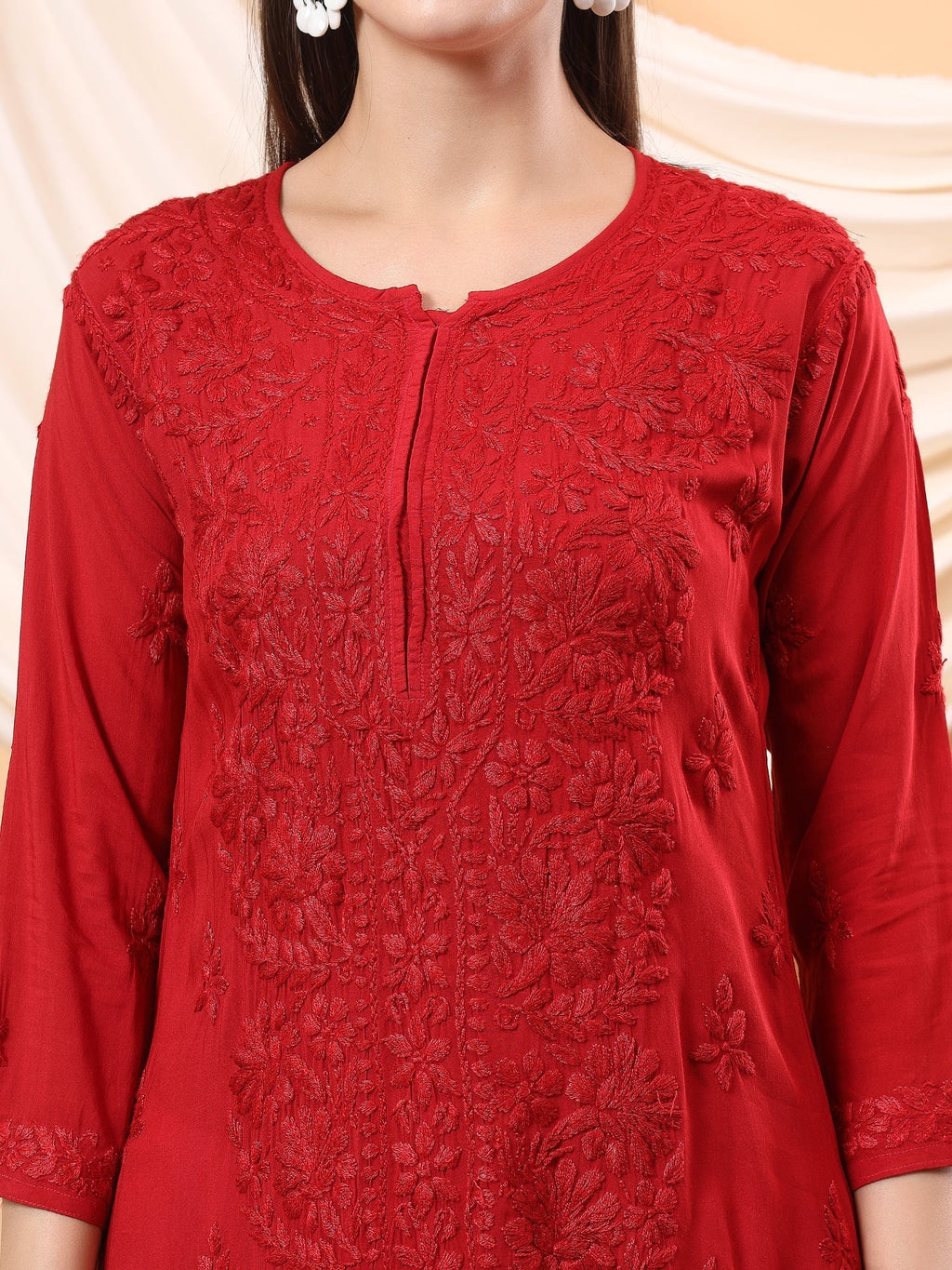 Alina Chikankari Modal Straight Kurta (Maroon)