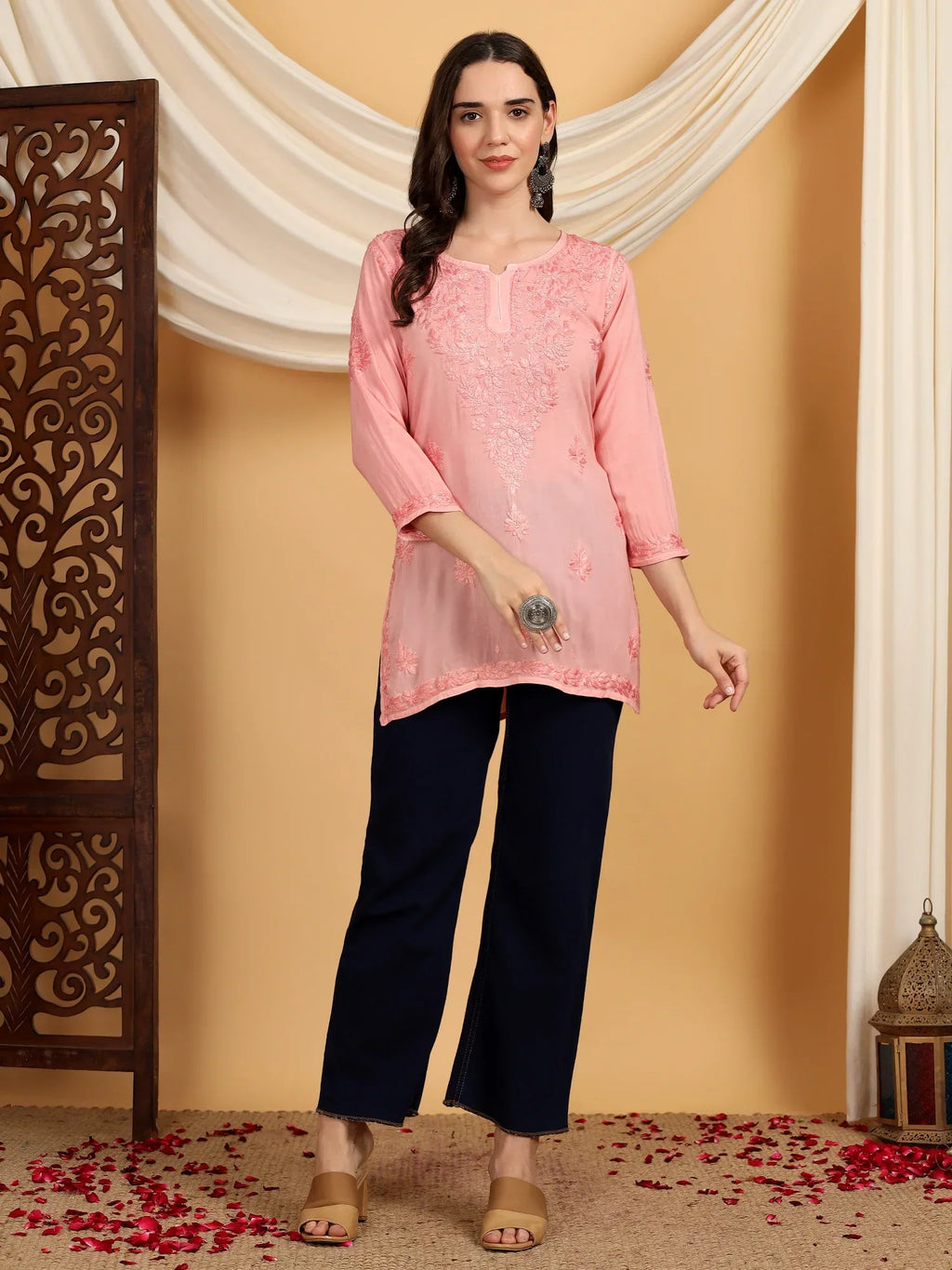 Misha Chikankari Modal Short Kurti (Pastel Peach)