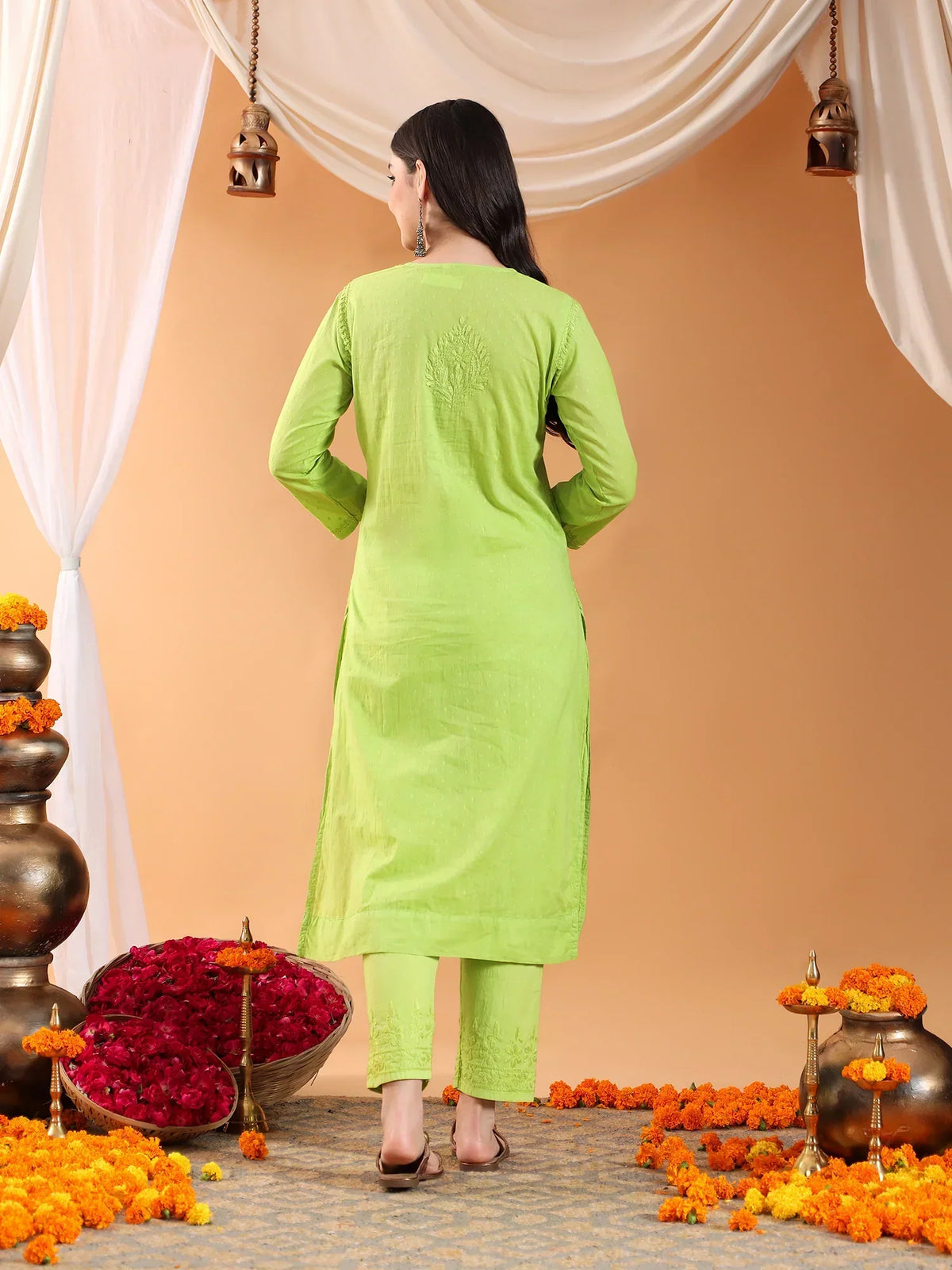 Ananya Chikankari Kurta Pant Cotton Co-ord Set (Parrot Green)