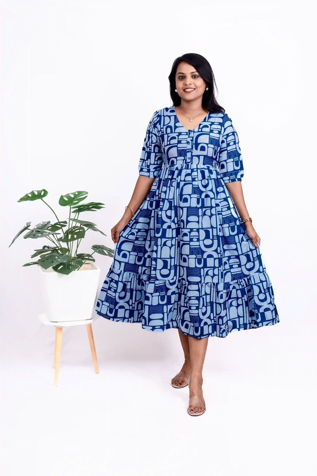 Geometric Day to Night Dress Without Lining ( Wrinkle-Free Cotton blend Dress)