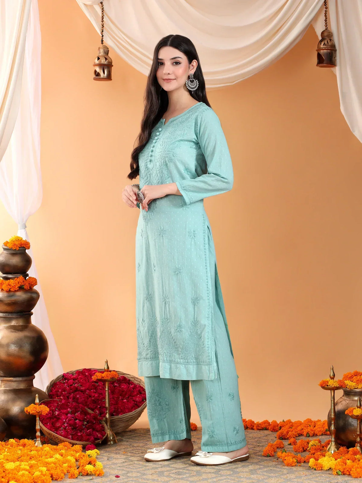 Priya Chikankari Kurta Palazzo Cotton Co-ord Set (Pastel Green)