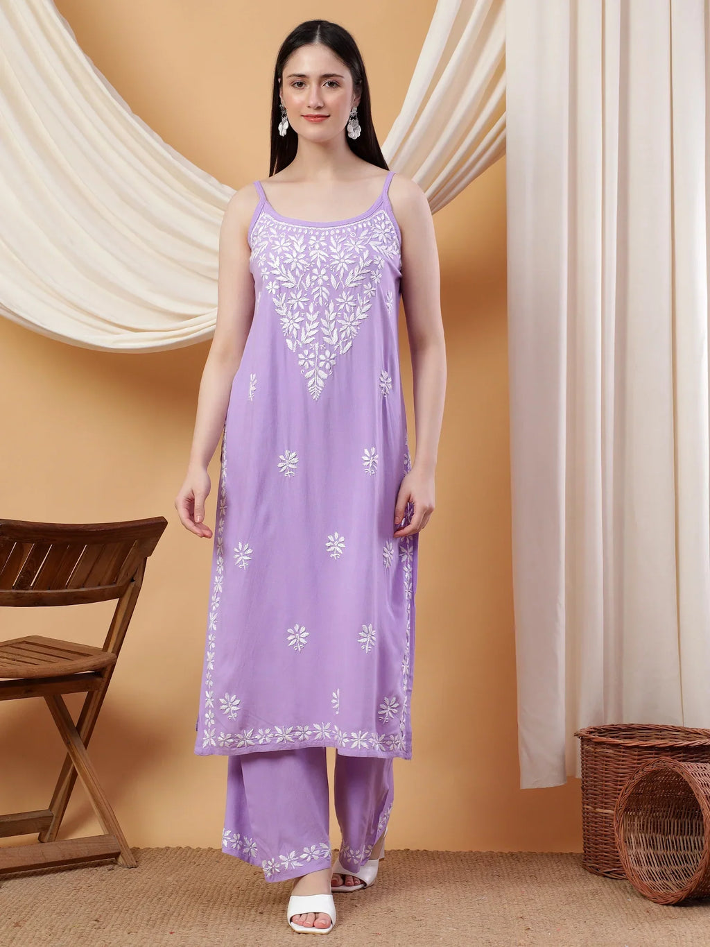 Raha Chikankari Strappy Rayon Co-ord Set (Lilac)
