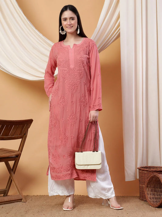 Dua Premium Viscose 3D Chikankari Straight Kurta (Rose gold)