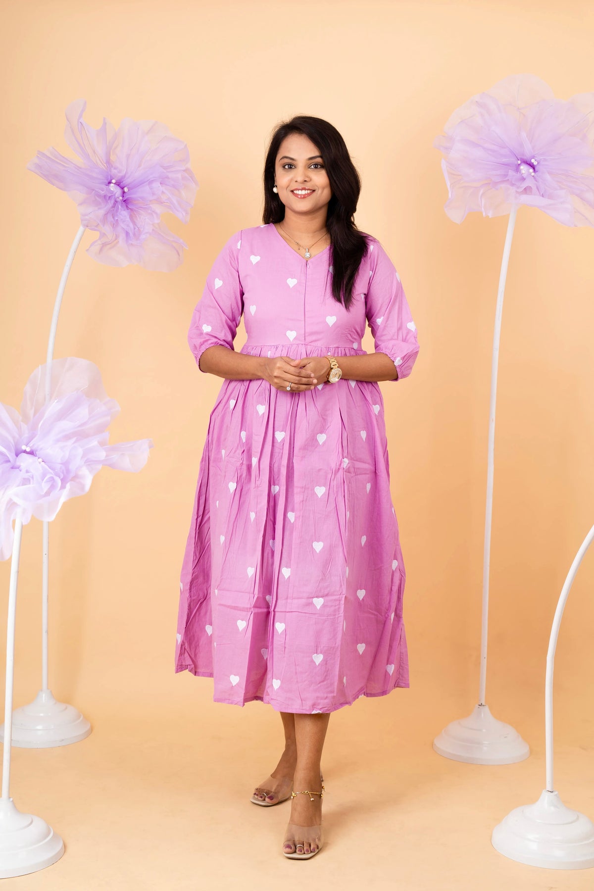 Lavender heart embroidered pure cotton casual  Dress With Lining (minor  stain in the dress so sold at sale price )