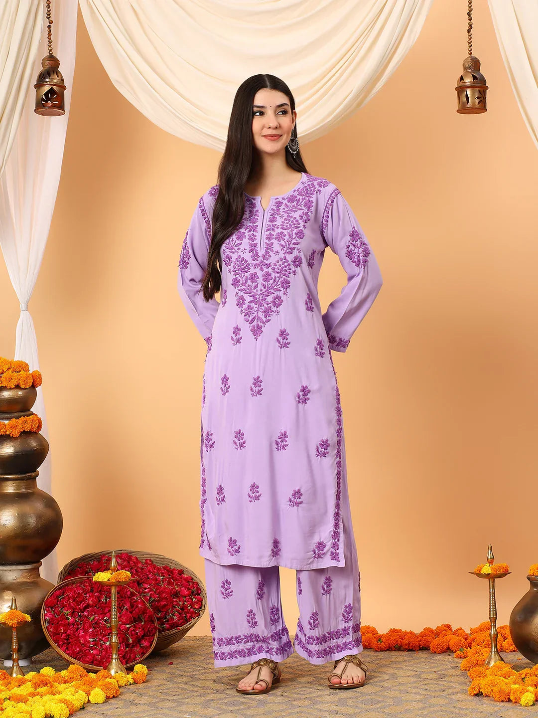 Faiza Chikankari Rayon Co-ord Set (Lavender)