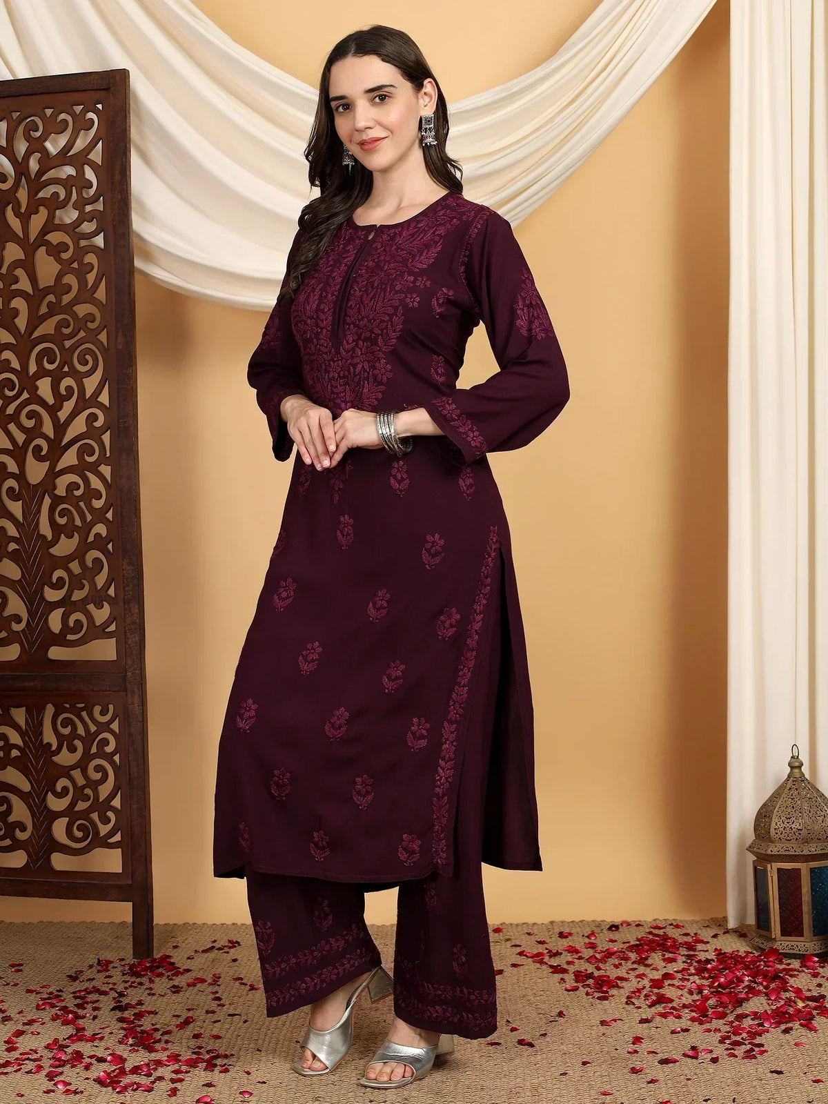 Faiza Chikankari Rayon Co-ord Set (Wine)