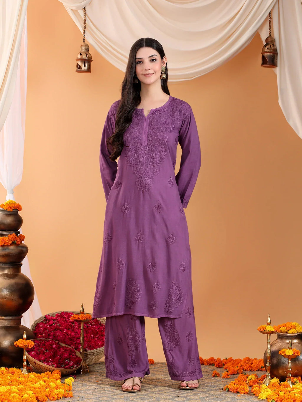 Maryam Chikankari Rayon Co-ord Set (Mauve)