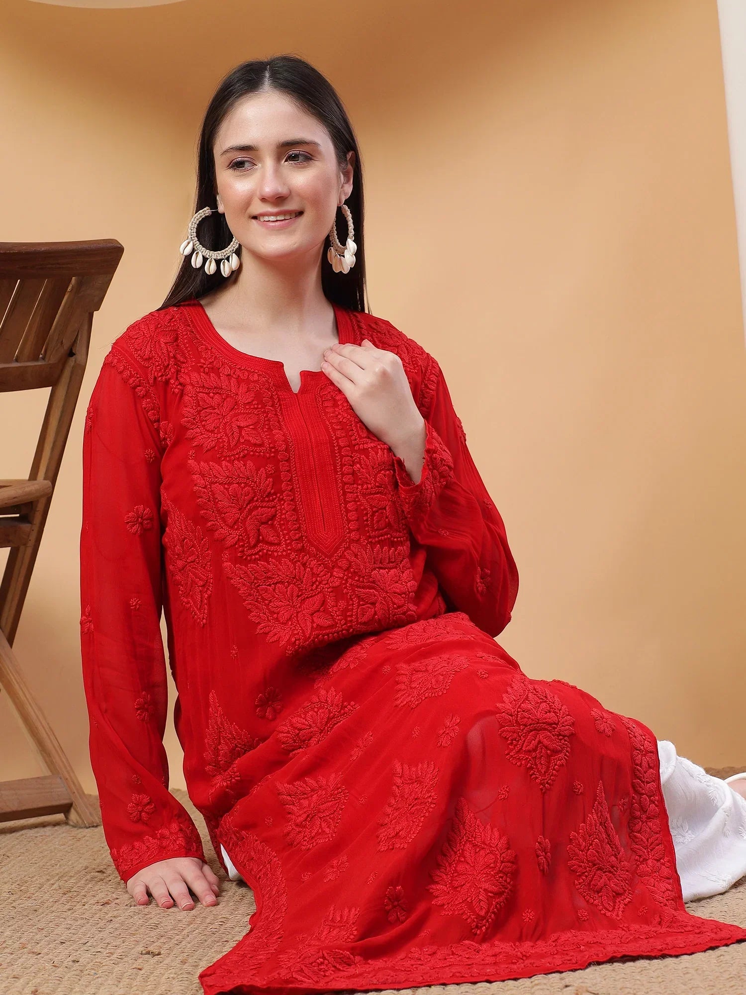 Dua Premium Viscose 3D Chikankari Straight Kurta (Red)
