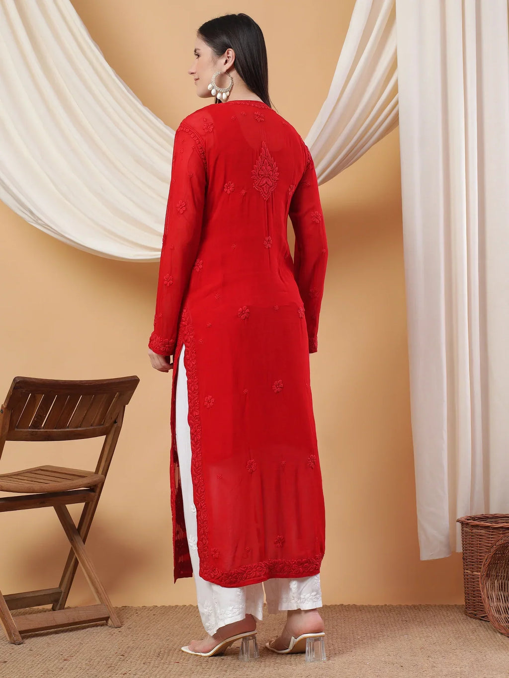 Dua Premium Viscose 3D Chikankari Straight Kurta (Red)