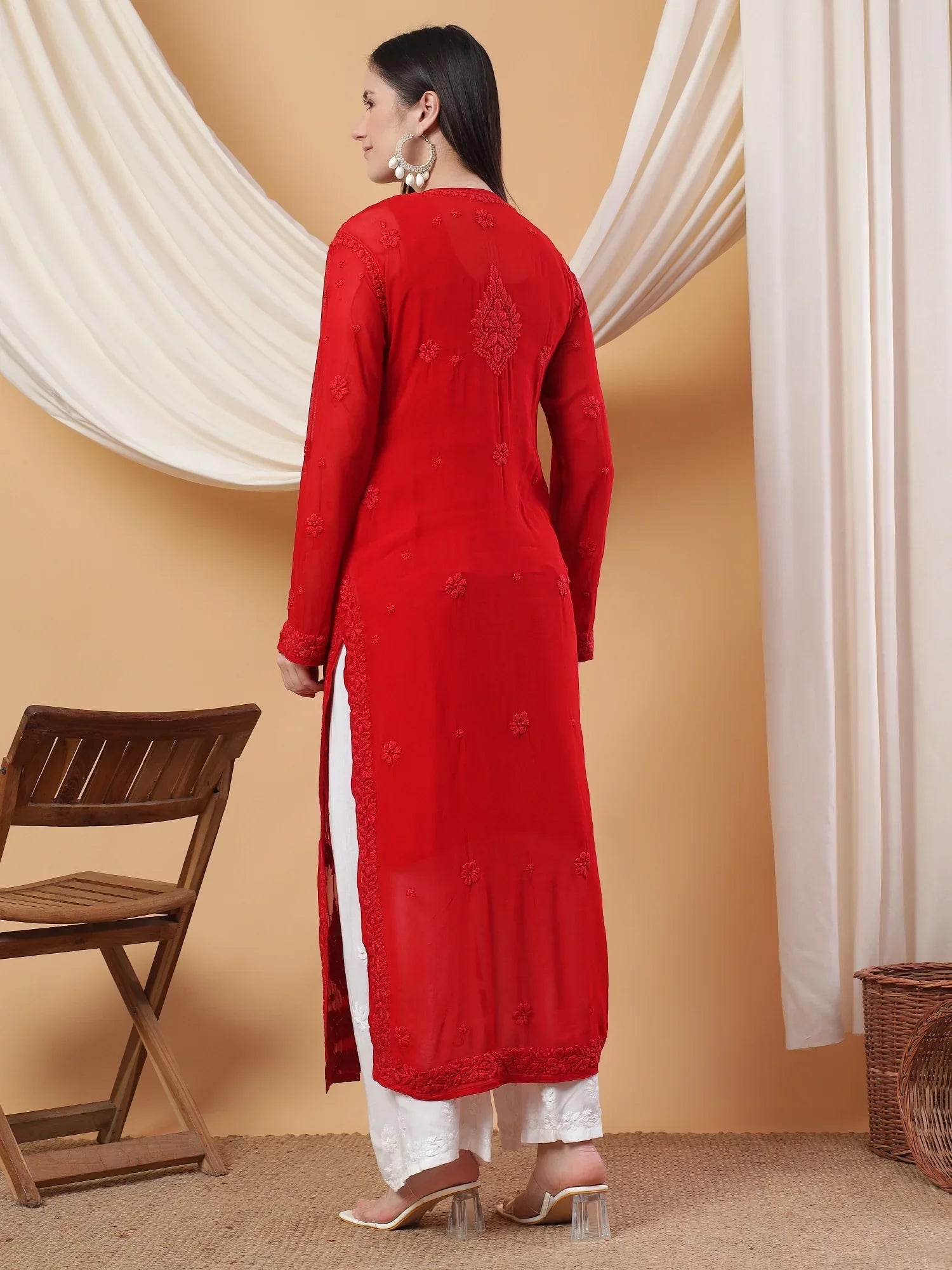 Dua Premium Viscose 3D Chikankari Straight Kurta (Red)