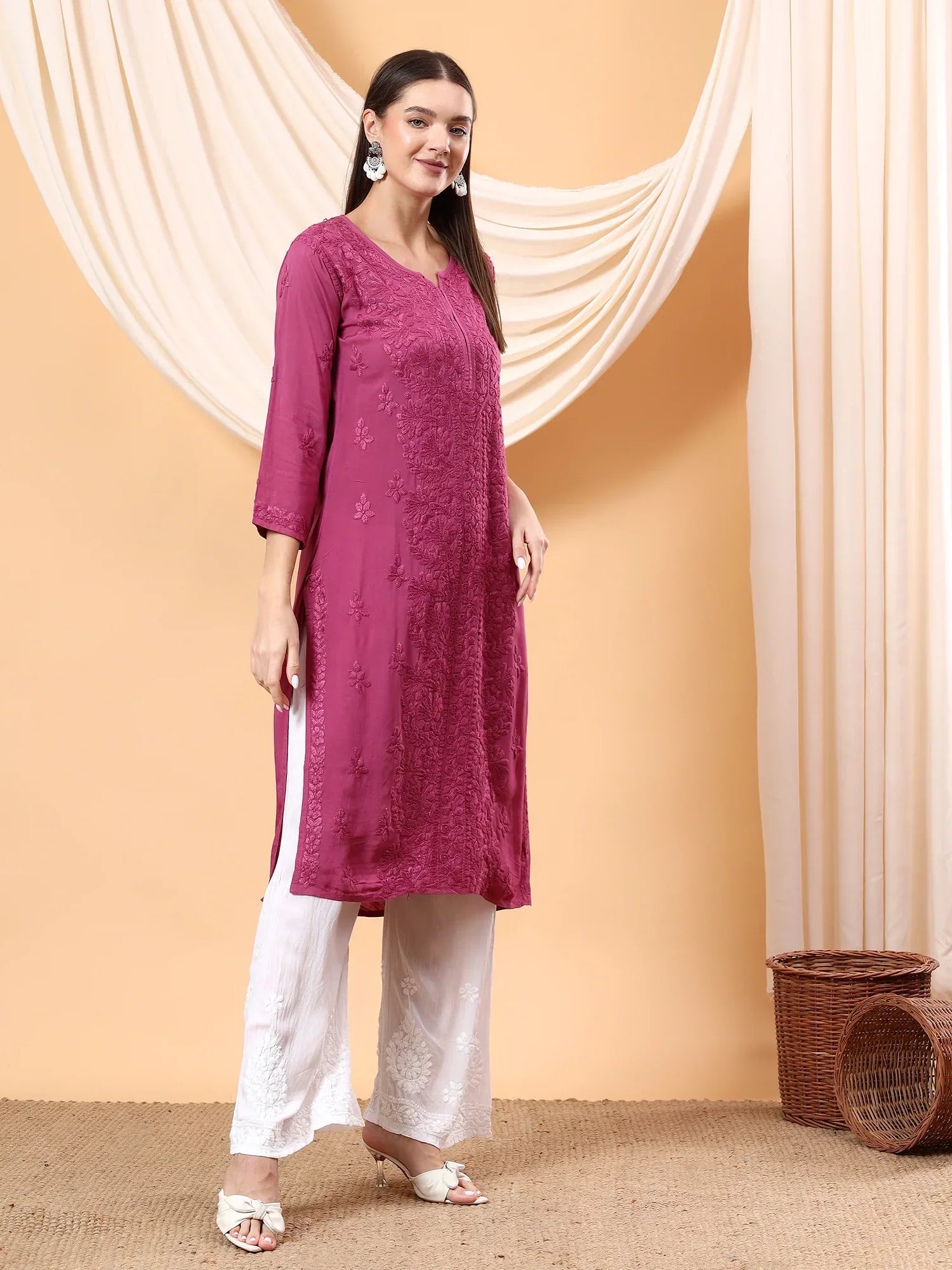 Alina Chikankari Modal Straight Kurta (Wine)