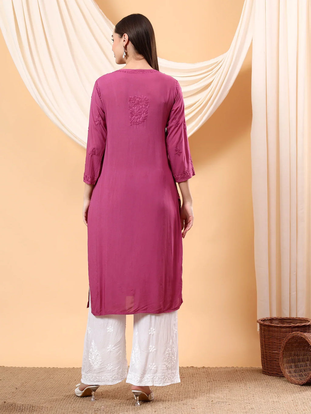 Alina Chikankari Modal Straight Kurta (Wine)