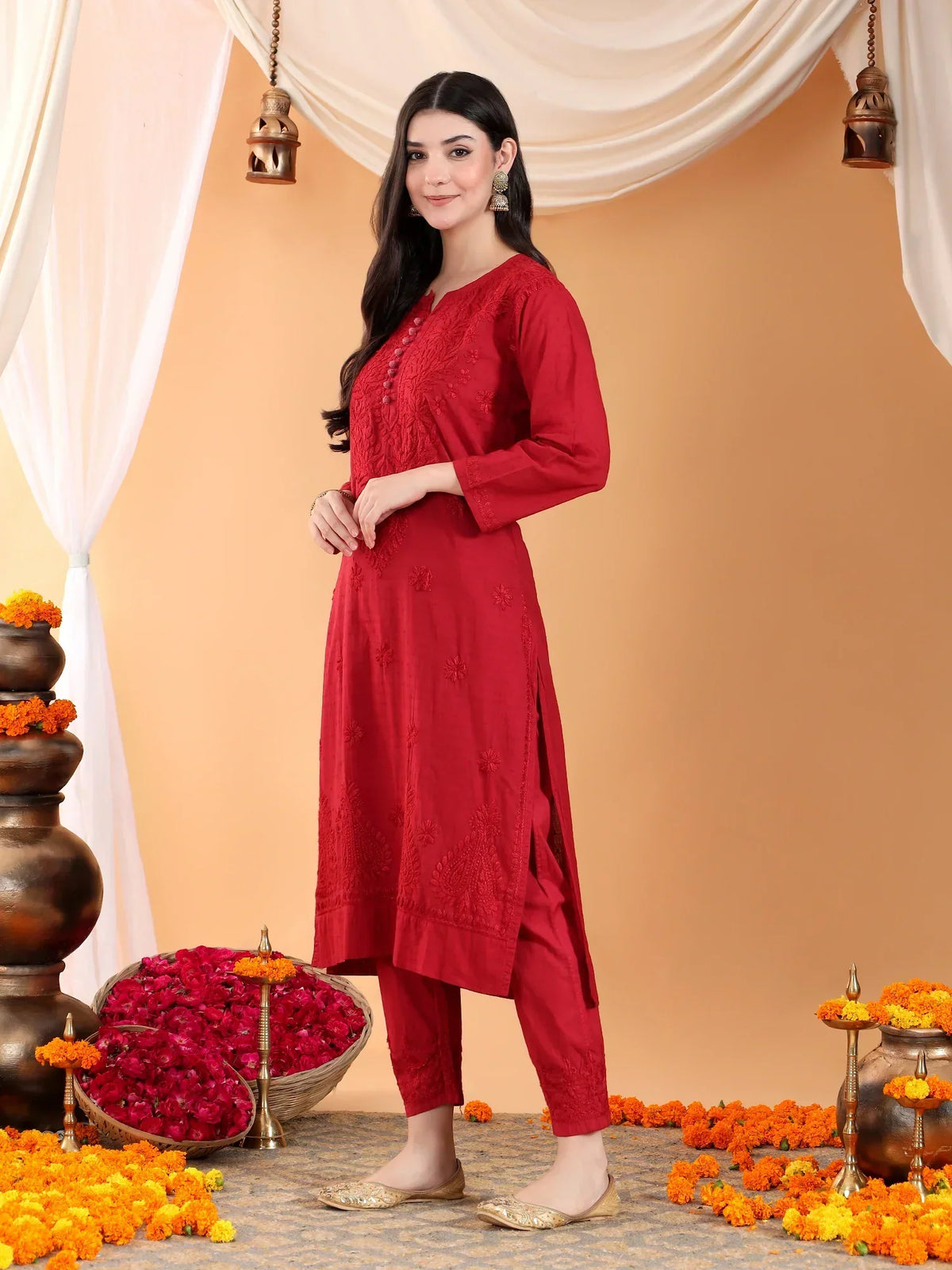 Ananya Chikankari Kurta Pant Cotton Co-ord Set (Maroon)