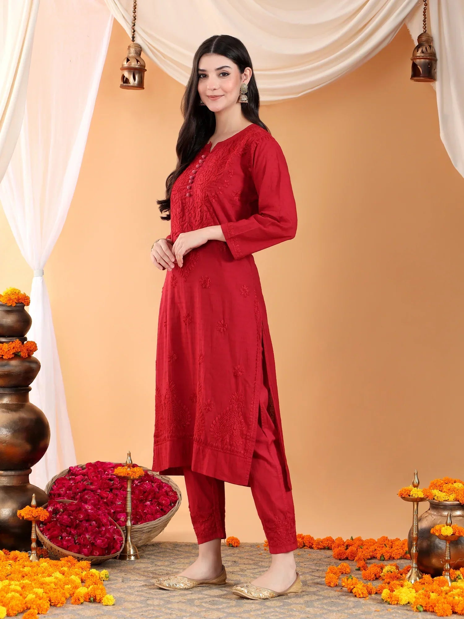 Ananya Chikankari Kurta Pant Cotton Co-ord Set (Maroon)