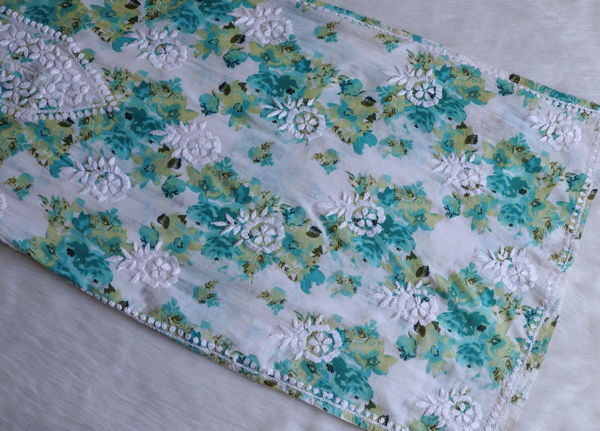 Gulshan White & Teal Green Pure Mulmul set