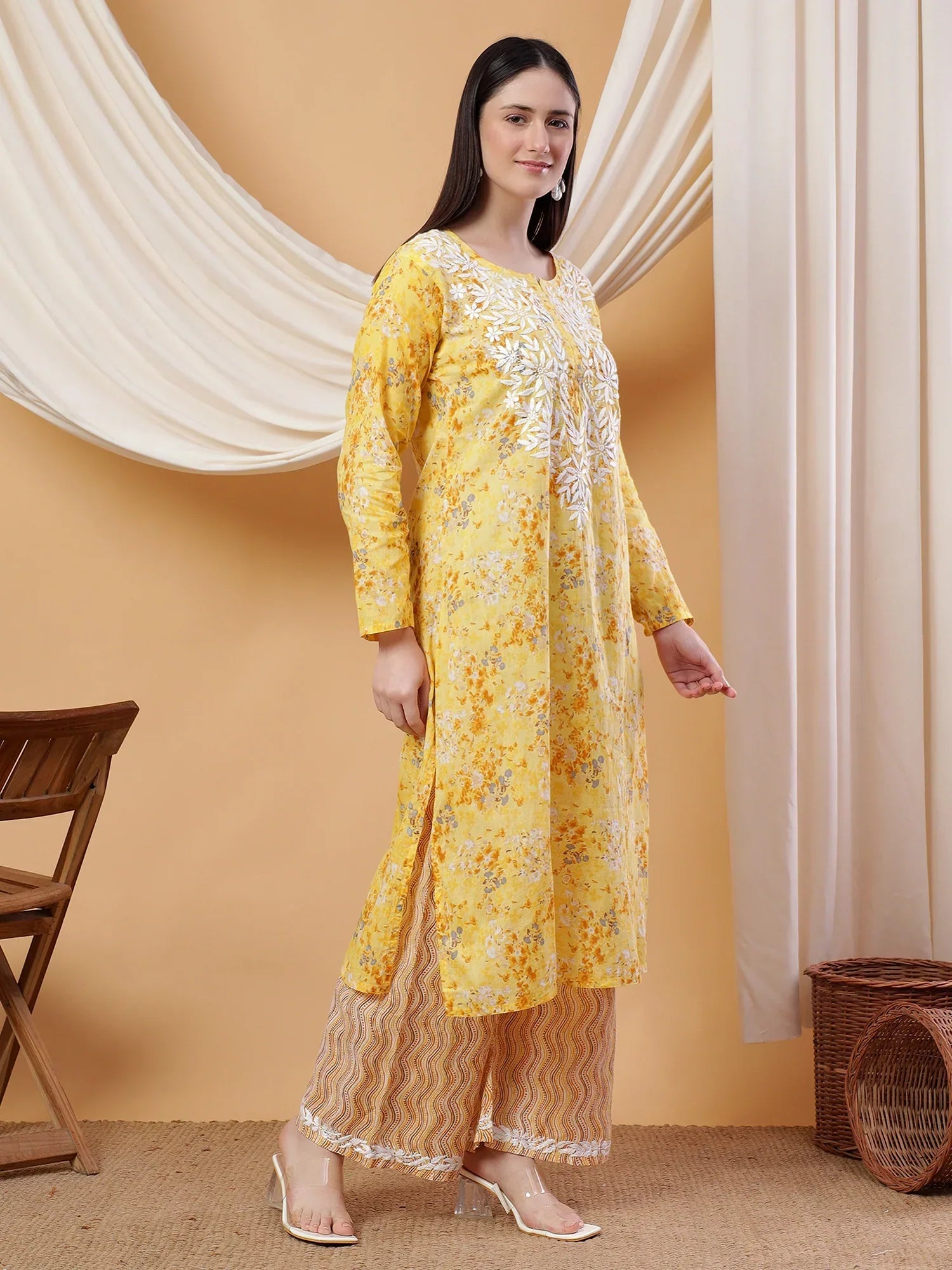 Anika Chikankari Mulmul Co-ord Set (Yellow)