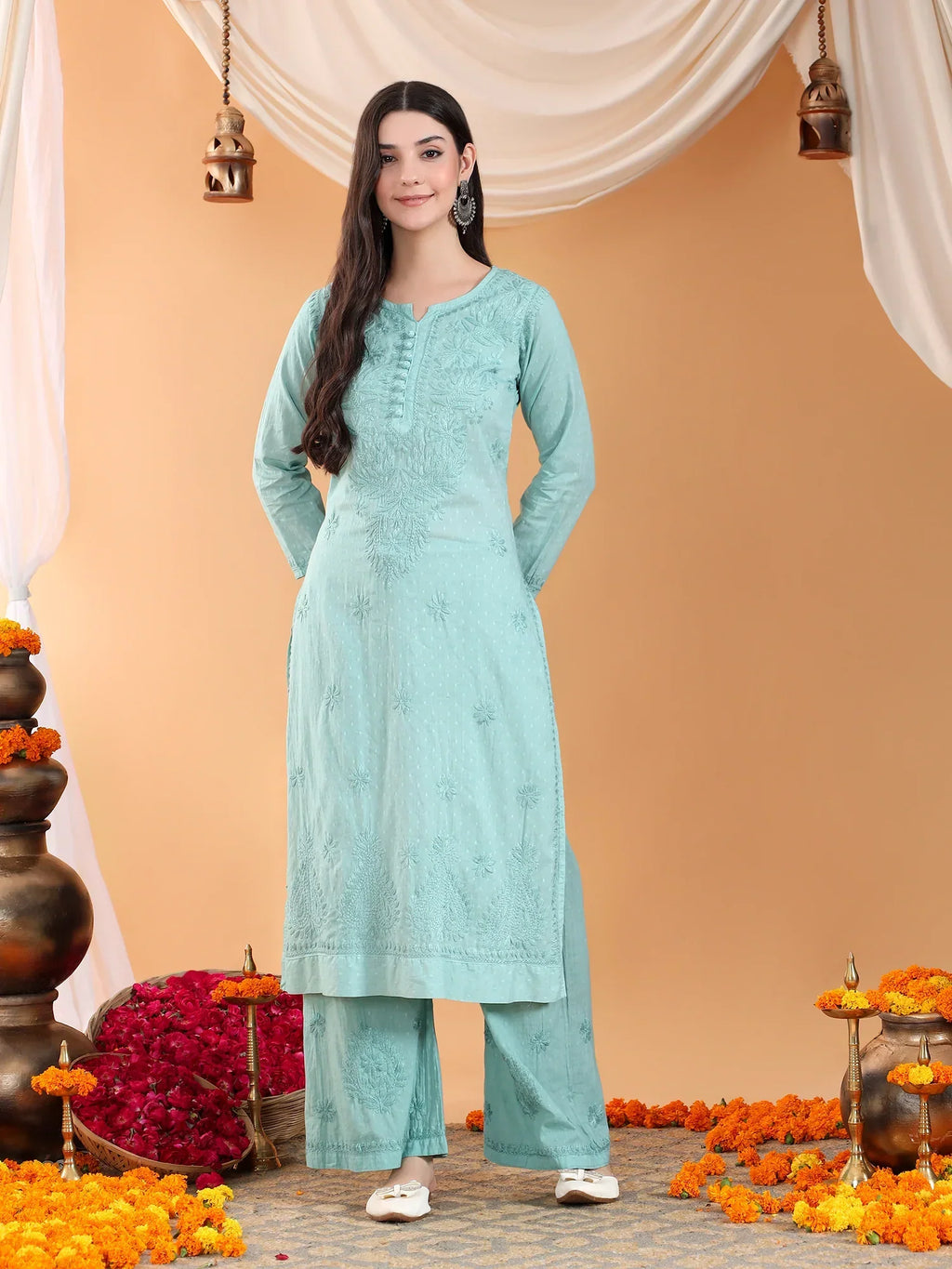 Priya Chikankari Kurta Palazzo Cotton Co-ord Set (Pastel Green)