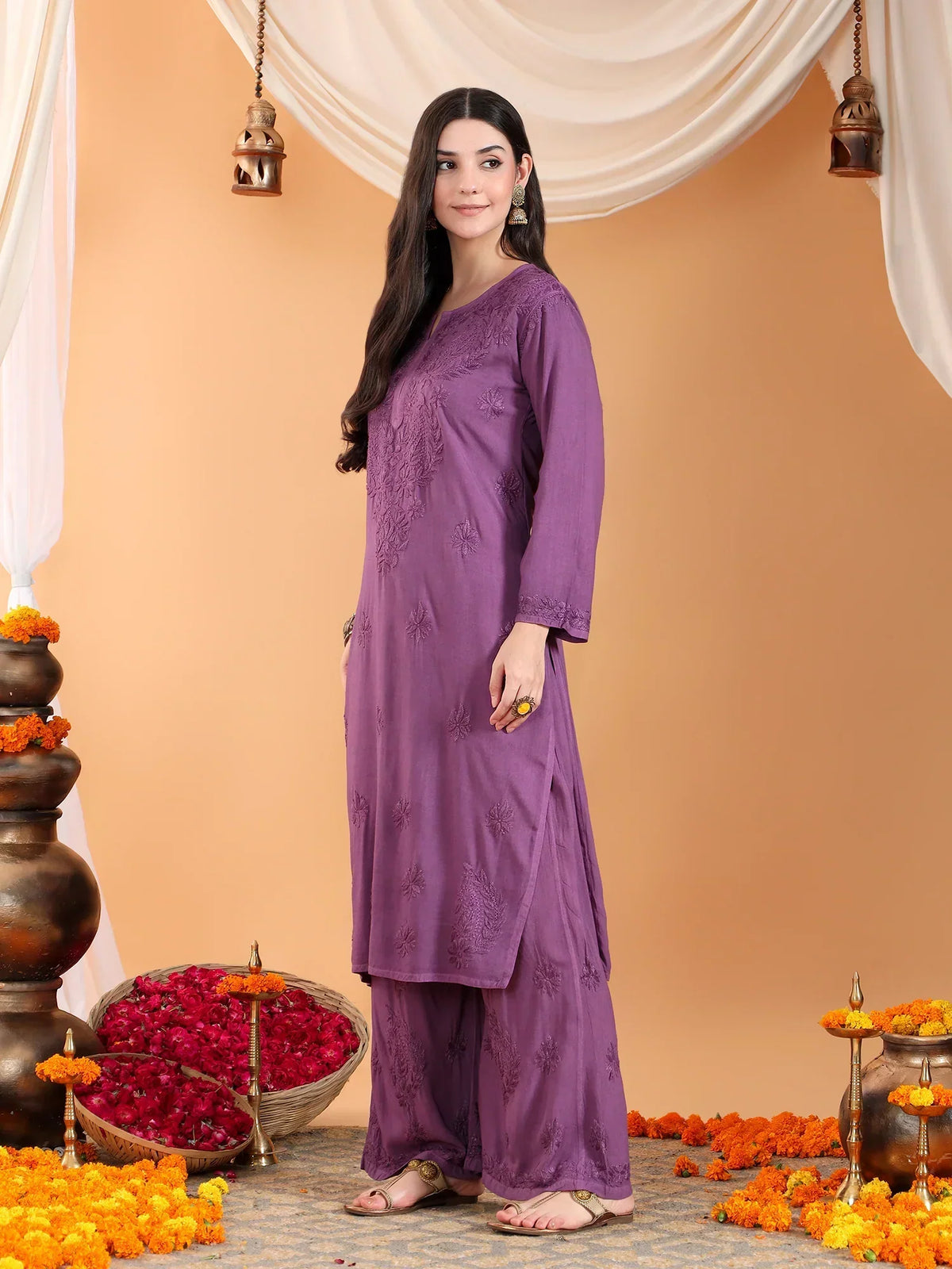 Maryam Chikankari Rayon Co-ord Set (Mauve)