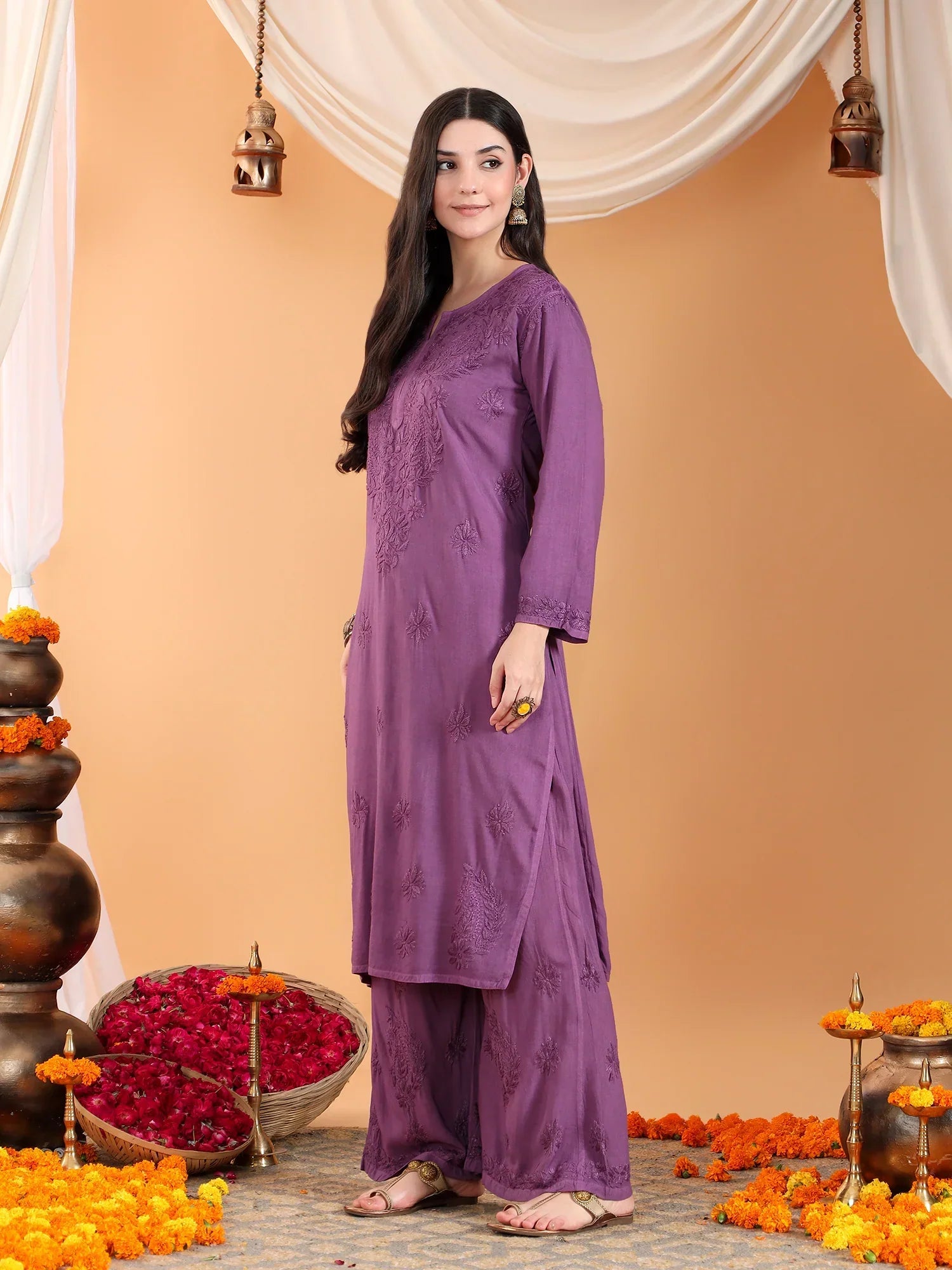Maryam Chikankari Rayon Co-ord Set (Mauve)