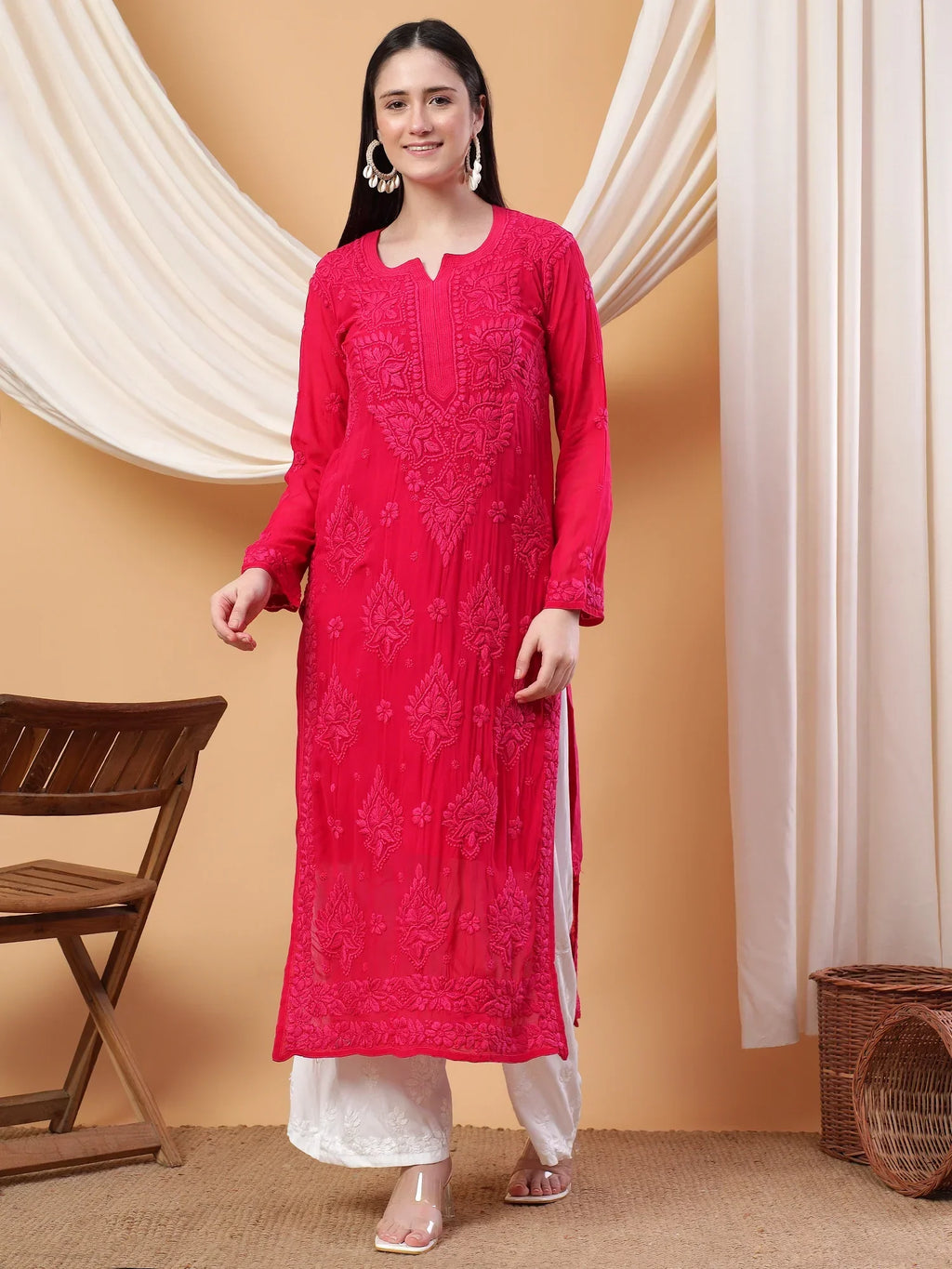 Dua Premium Viscose 3D Chikankari Straight Kurta (Magenta)